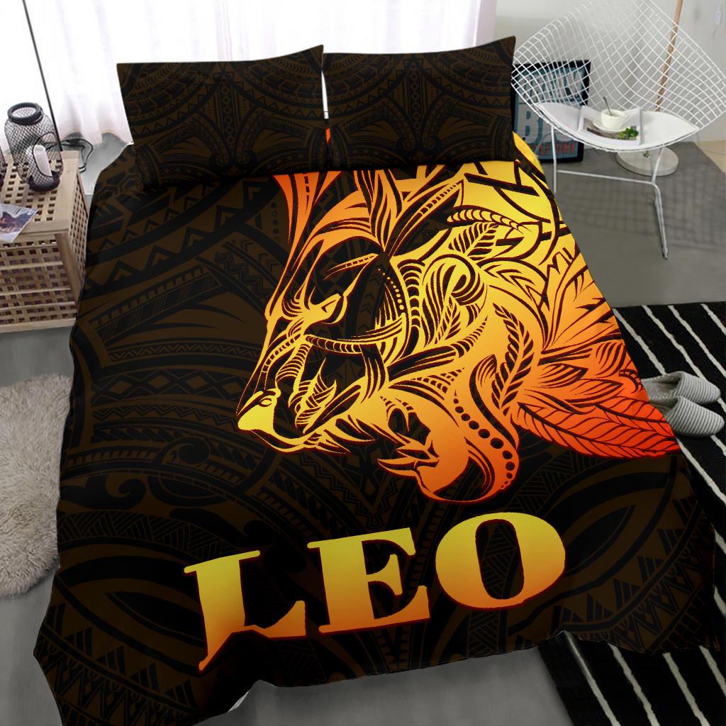 Sun In Leo Zodiac Bedding Set Polynesian Tattoo Simple - Orange Black - Vibe Hoodie Shop