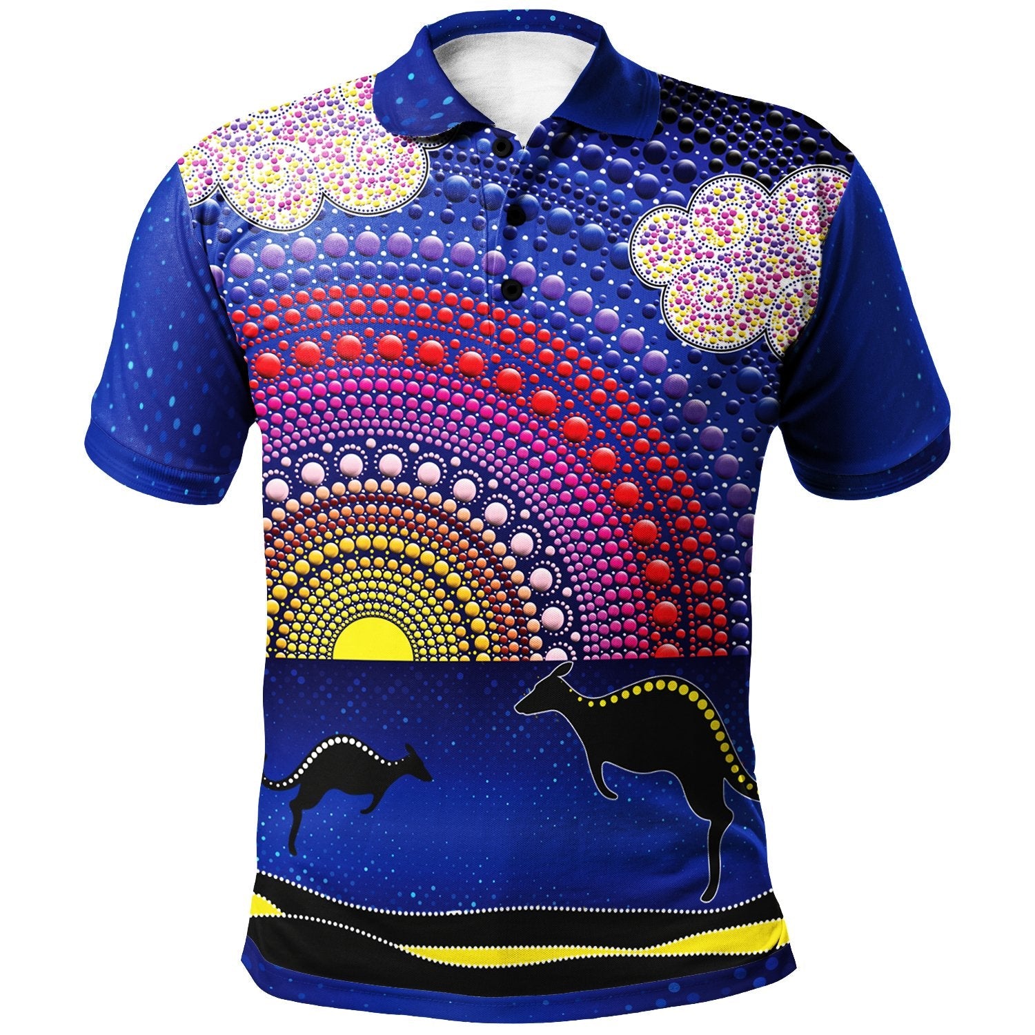 Aboriginal Polo Shirts - Sunset Over The Sea And Kangaroo Dot Painting - Vibe Hoodie Shop