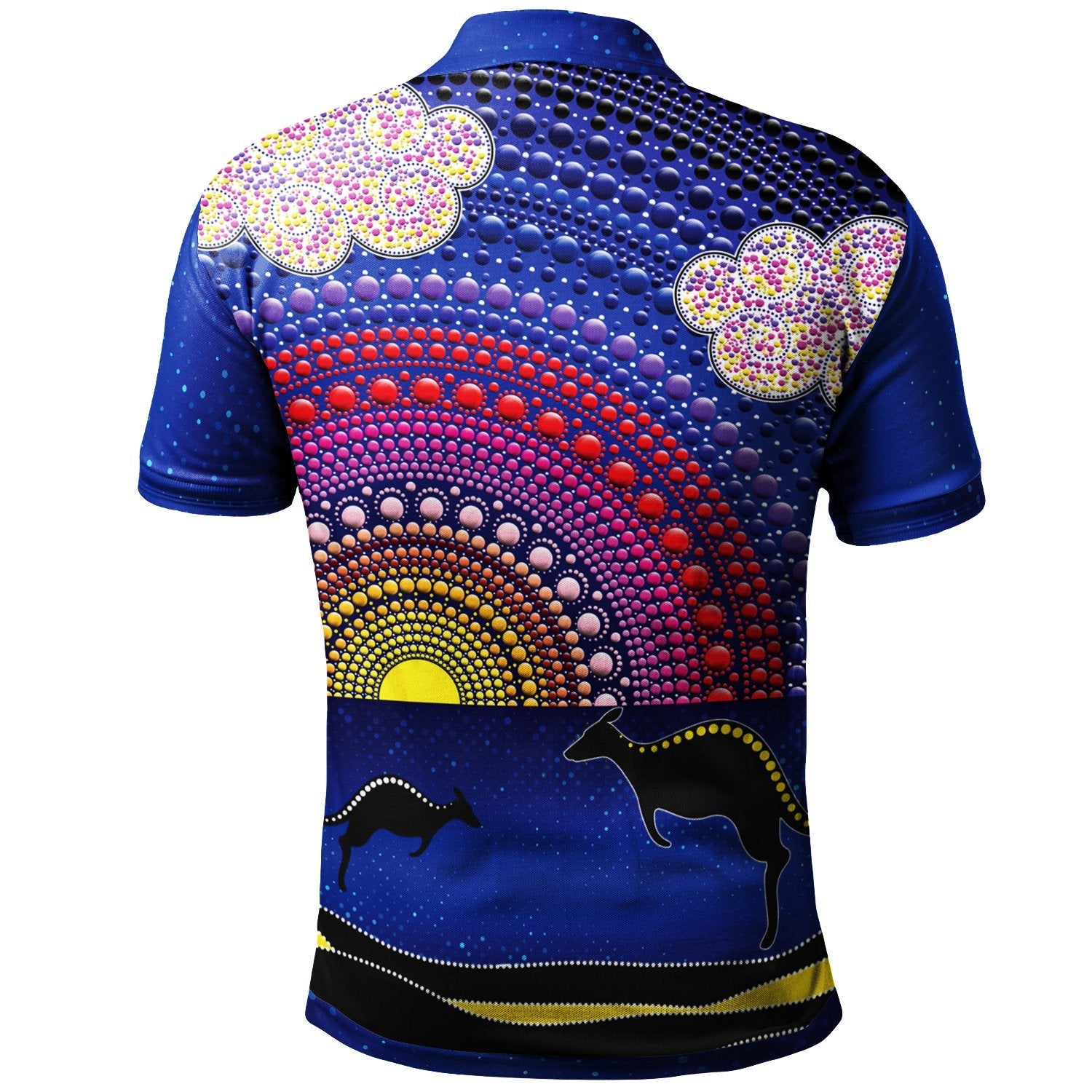 Aboriginal Polo Shirts - Sunset Over The Sea And Kangaroo Dot Painting - Vibe Hoodie Shop