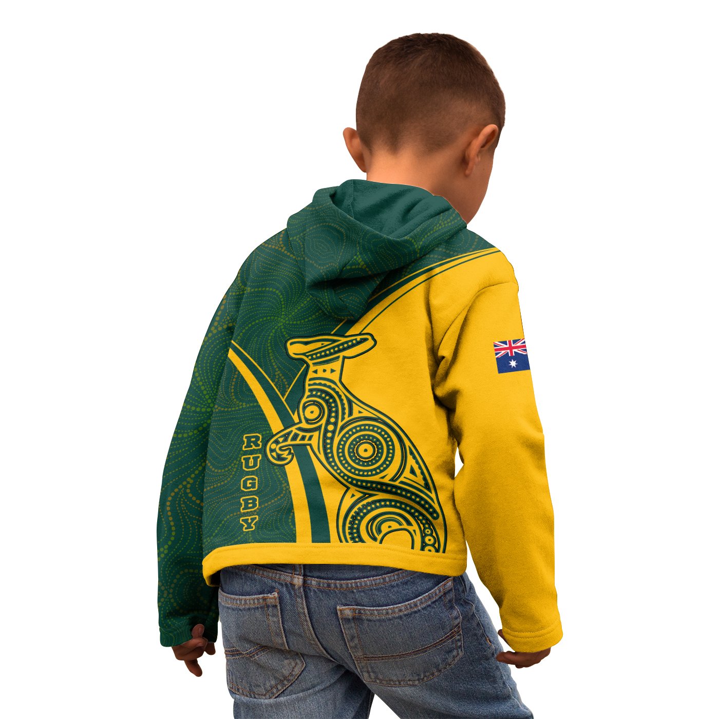 Rugby Hoodie Kids - Australian Rugby Kangaroo and Aboriginal Patterns - Vibe Hoodie Shop