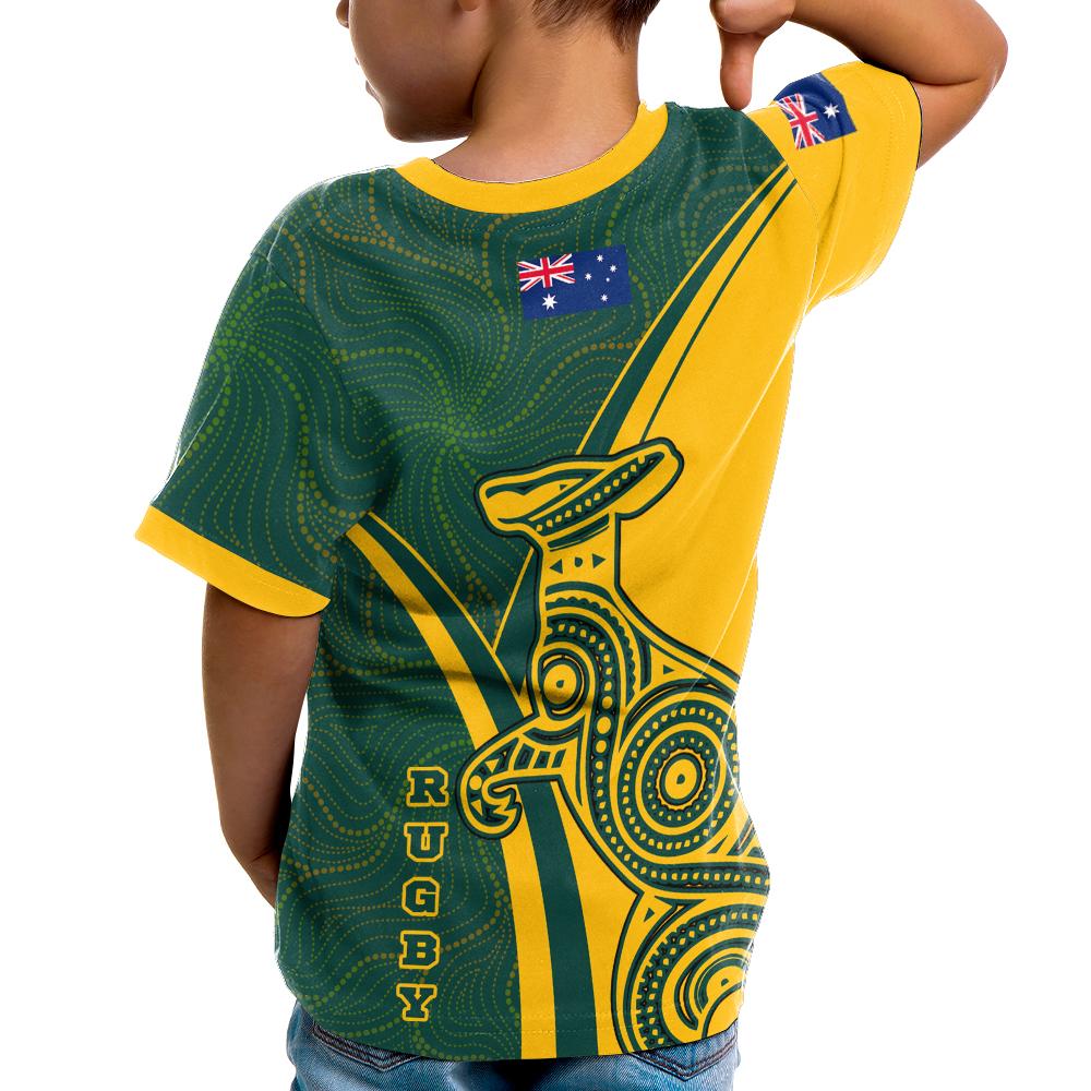 Rugby Kid T shirt - Australian Rugby Kangaroo and Aboriginal Patterns - Vibe Hoodie Shop