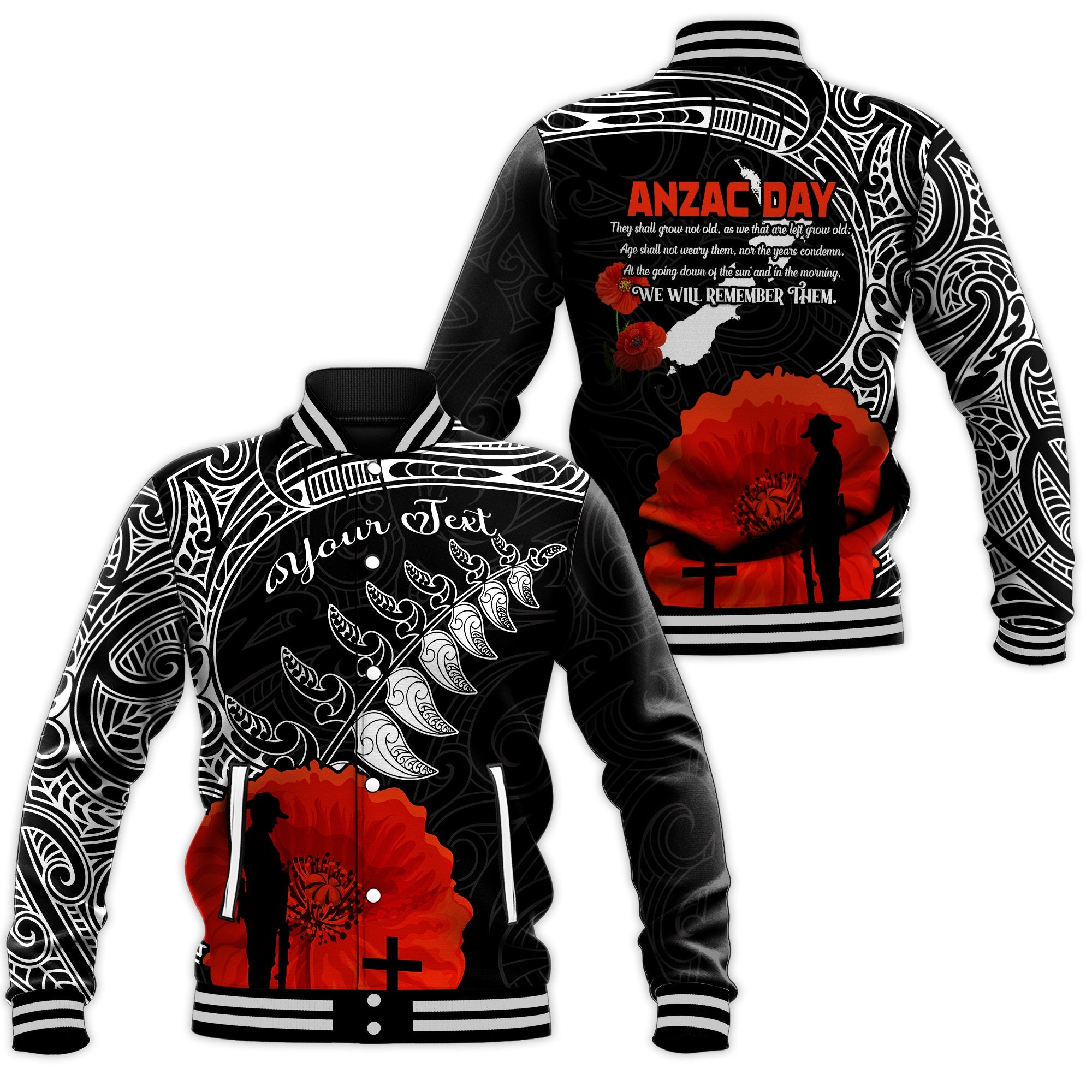 (Custom Personalised) New Zealand ANZAC 2022 Baseball Jacket Maori Mix Fern Poppy - Vibe Hoodie Shop