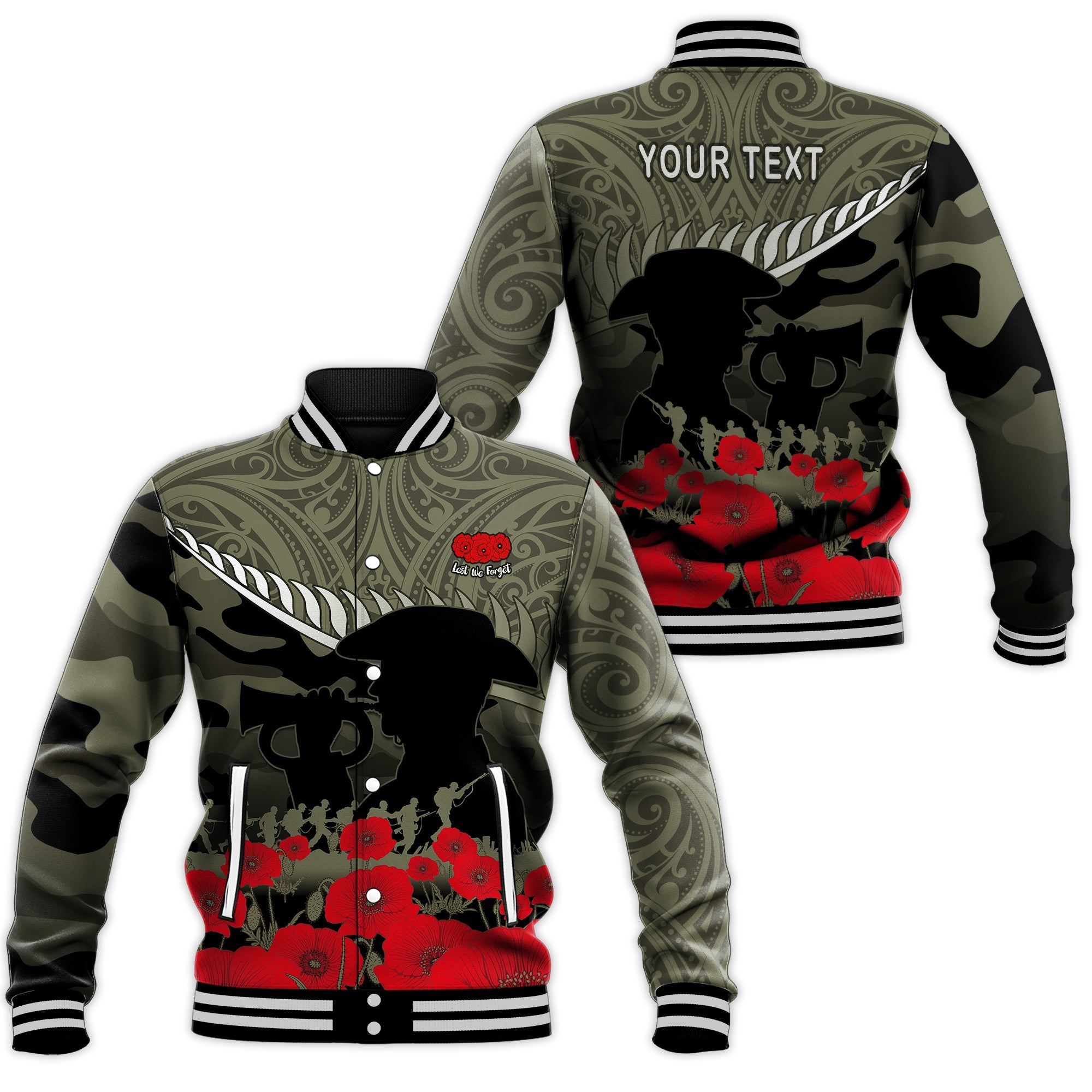 (Custom Personalised) New Zealand ANZAC 2022 Baseball Jacket Maori Camouflage - Vibe Hoodie Shop