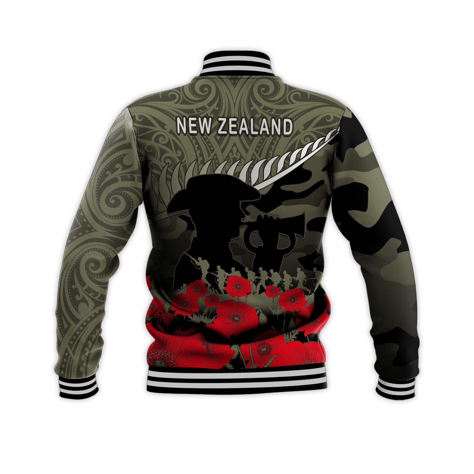 (Custom Personalised) New Zealand ANZAC 2022 Baseball Jacket Maori Camouflage - Vibe Hoodie Shop