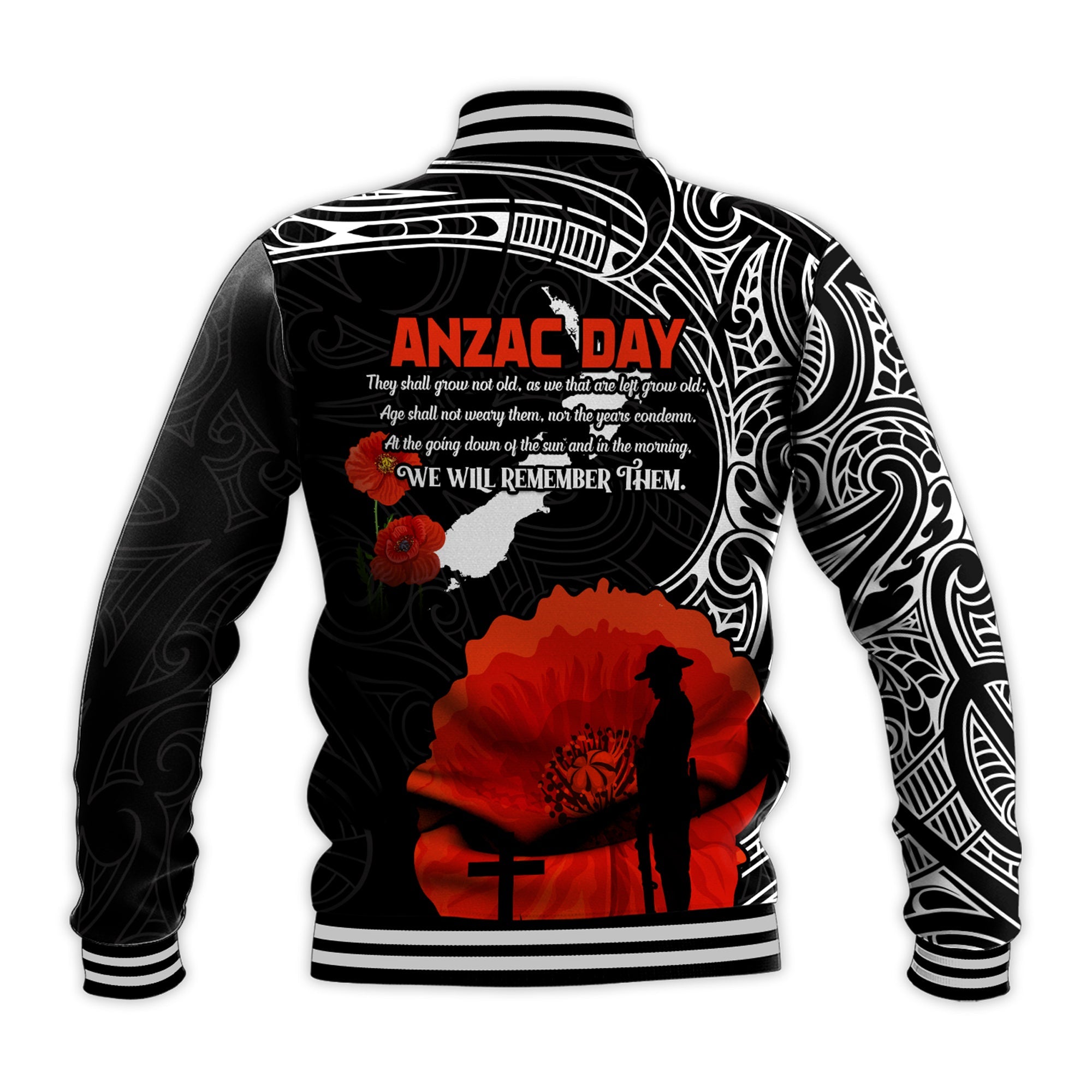 New Zealand ANZAC 2022 Baseball Jacket Maori Mix Fern Poppy - Vibe Hoodie Shop