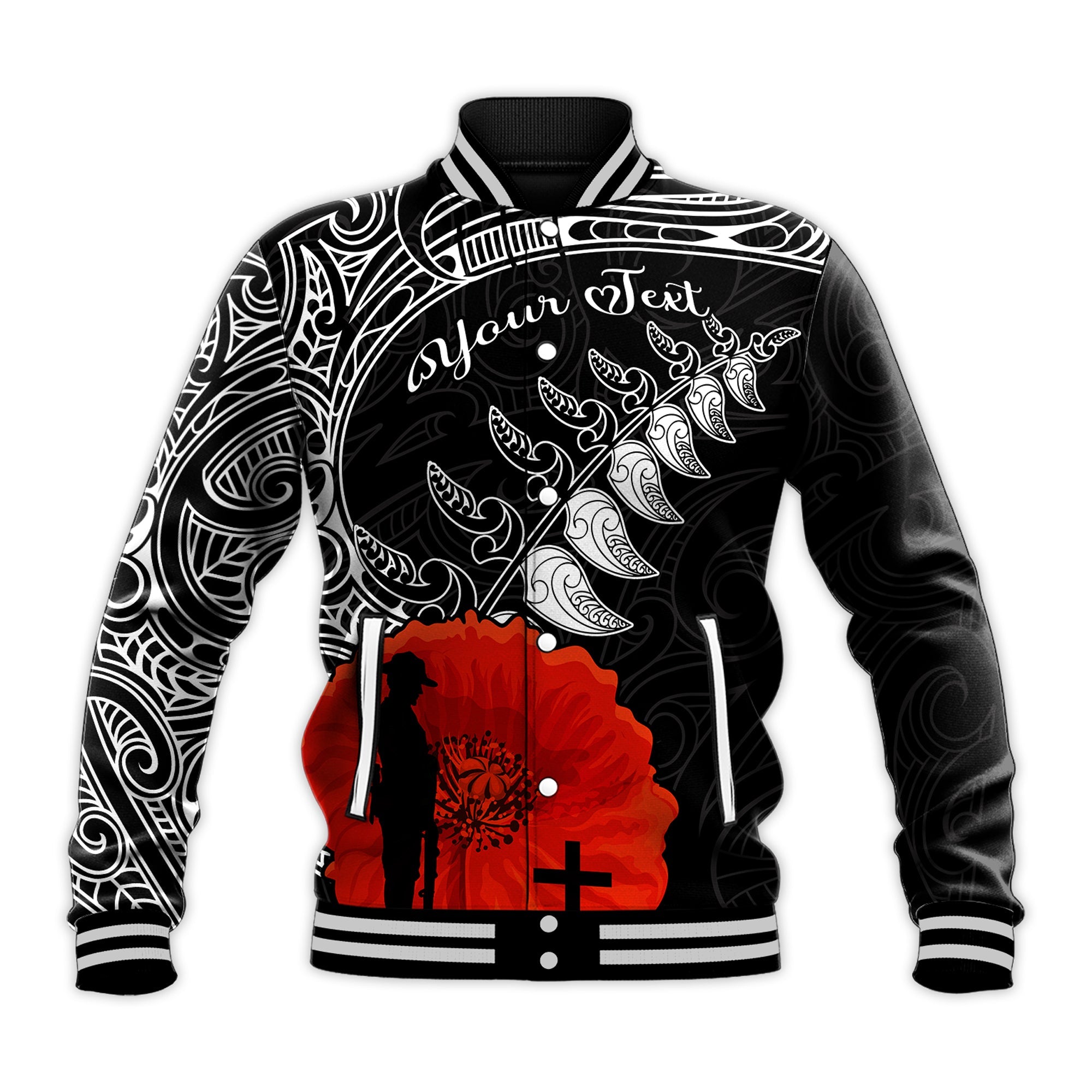 (Custom Personalised) New Zealand ANZAC 2022 Baseball Jacket Maori Mix Fern Poppy - Vibe Hoodie Shop