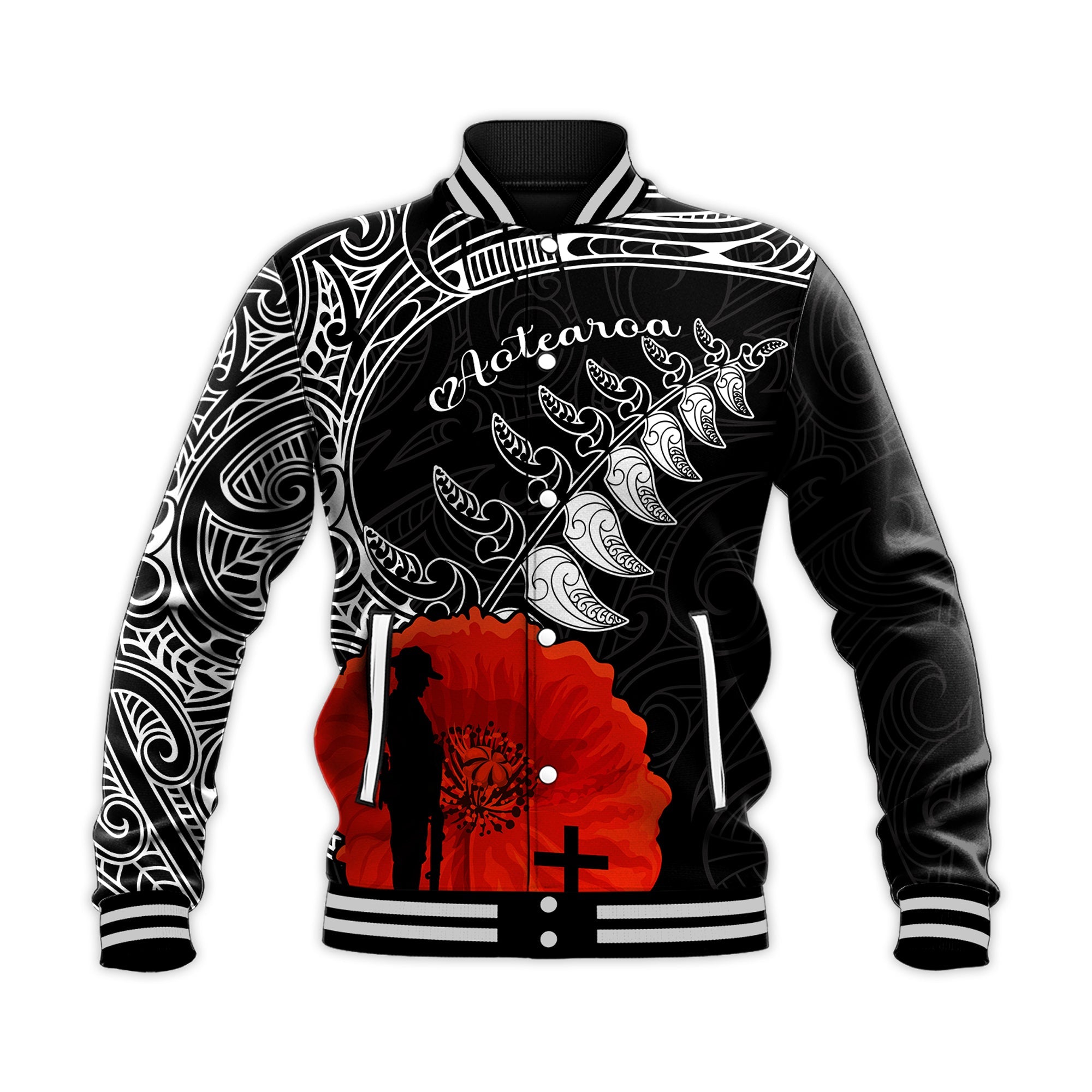 New Zealand ANZAC 2022 Baseball Jacket Maori Mix Fern Poppy - Vibe Hoodie Shop