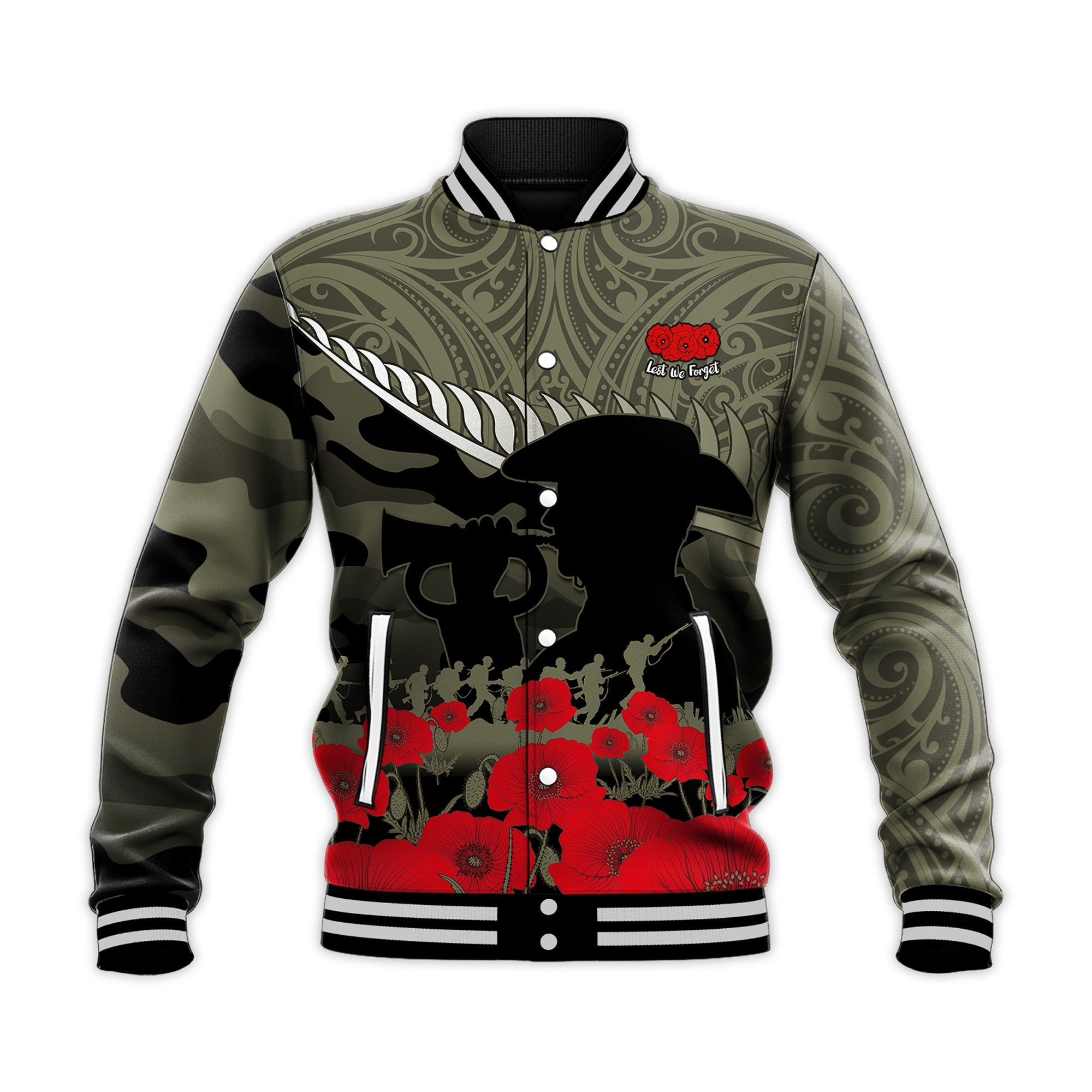 (Custom Personalised) New Zealand ANZAC 2022 Baseball Jacket Maori Camouflage - Vibe Hoodie Shop