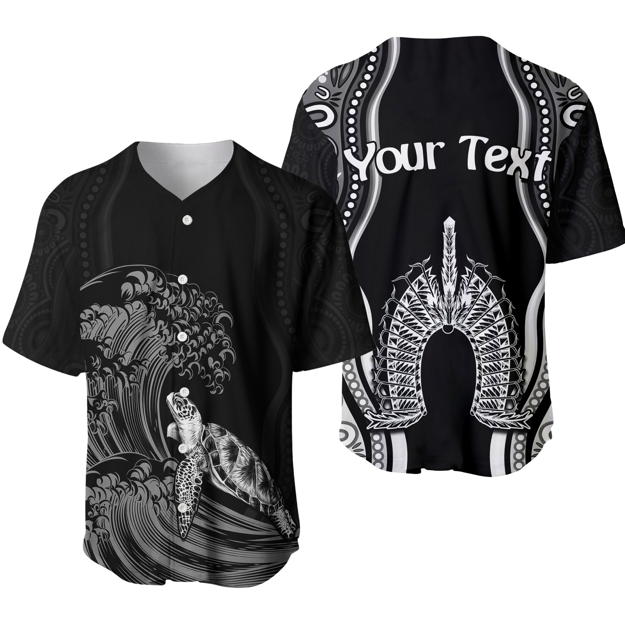 (Custom Personalised) Torres Strait Islands Baseball Jersey The Dhari Mix Aboriginal Turtle Version Black - Vibe Hoodie Shop