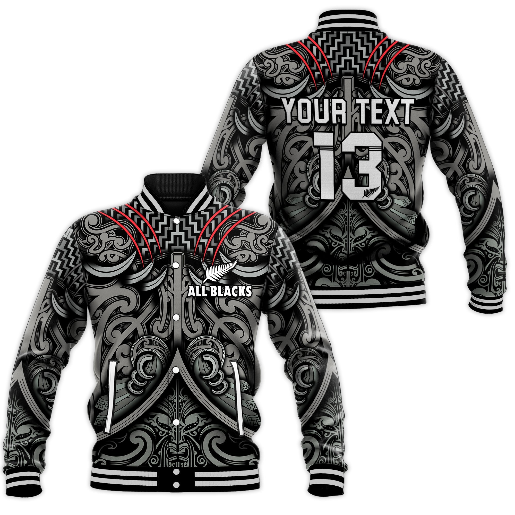 (Custom Text and Number) New Zealand Silver Fern Rugby Baseball Jacket All Black NZ Maori Pattern - Vibe Hoodie Shop