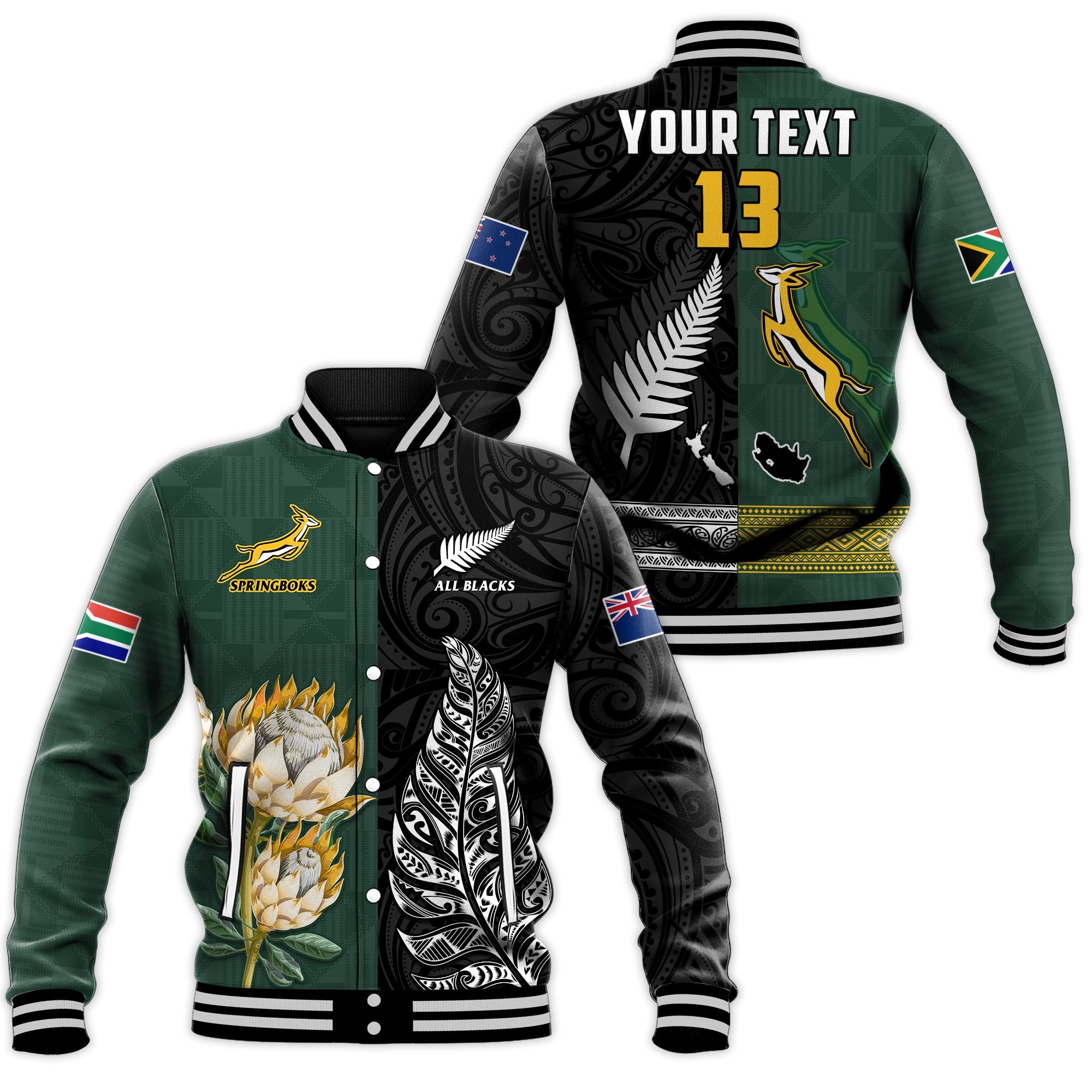 (Custom Text and Number) South Africa Protea and New Zealand Fern Baseball Jacket Rugby Go Springboks vs All Black - Vibe Hoodie Shop