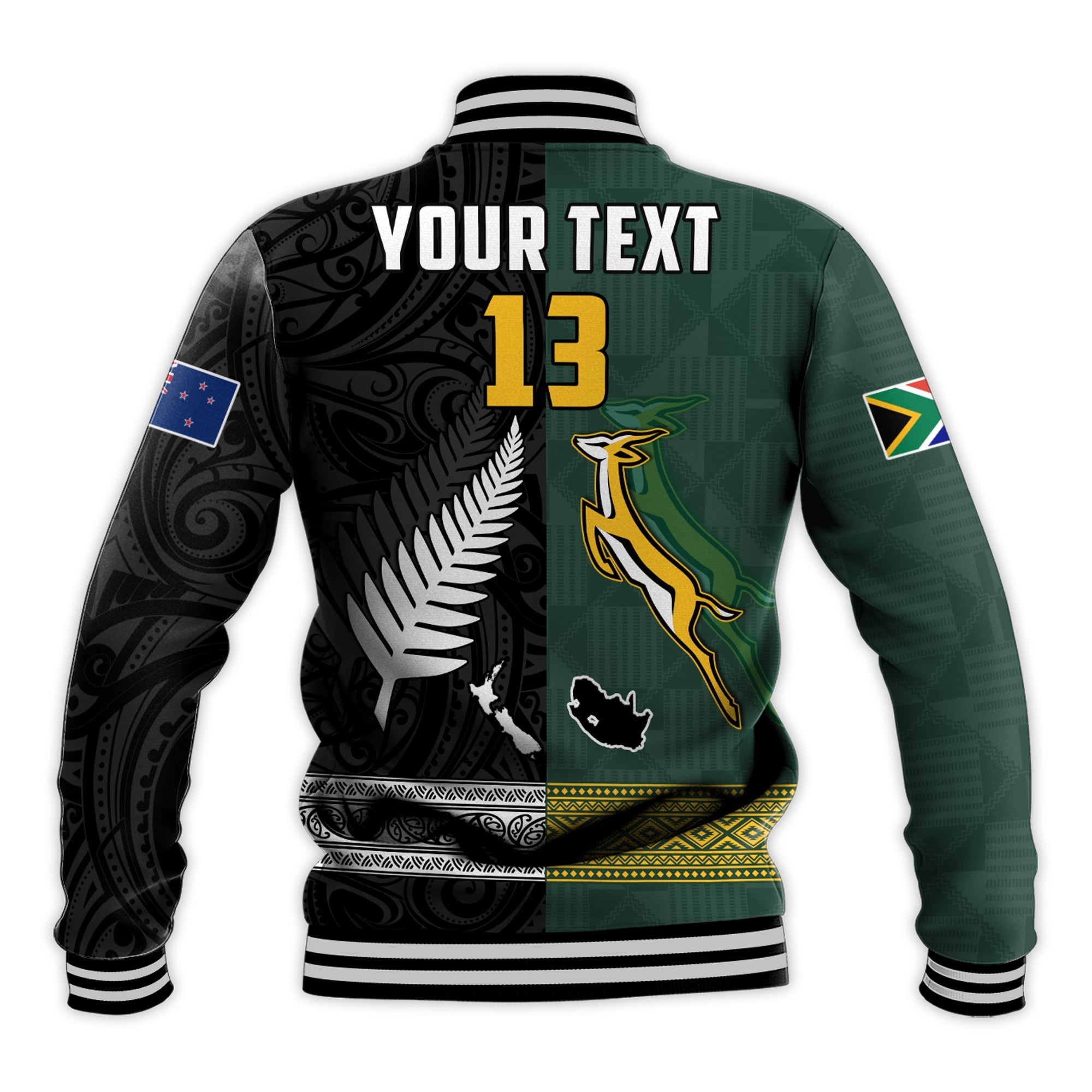 (Custom Text and Number) South Africa Protea and New Zealand Fern Baseball Jacket Rugby Go Springboks vs All Black - Vibe Hoodie Shop