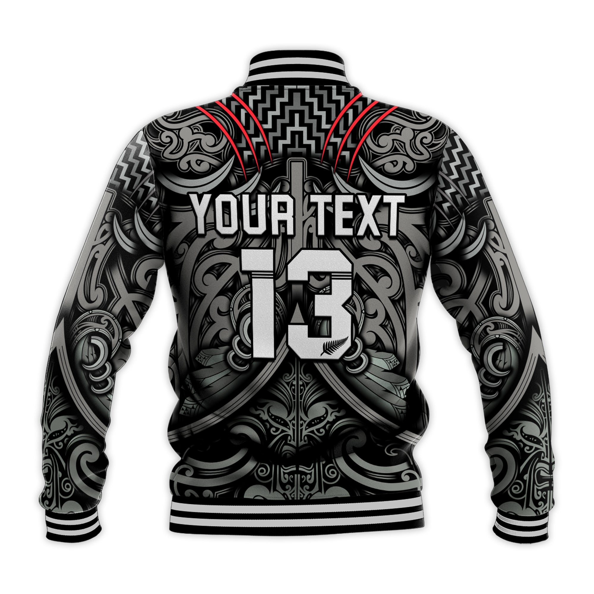 (Custom Text and Number) New Zealand Silver Fern Rugby Baseball Jacket All Black NZ Maori Pattern - Vibe Hoodie Shop