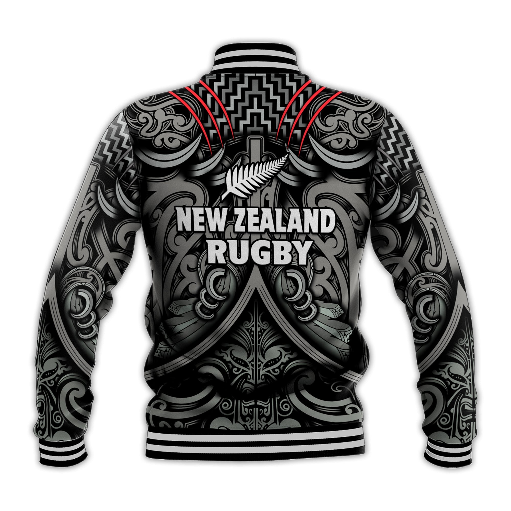 New Zealand Silver Fern Rugby Baseball Jacket All Black NZ Maori Pattern - Vibe Hoodie Shop