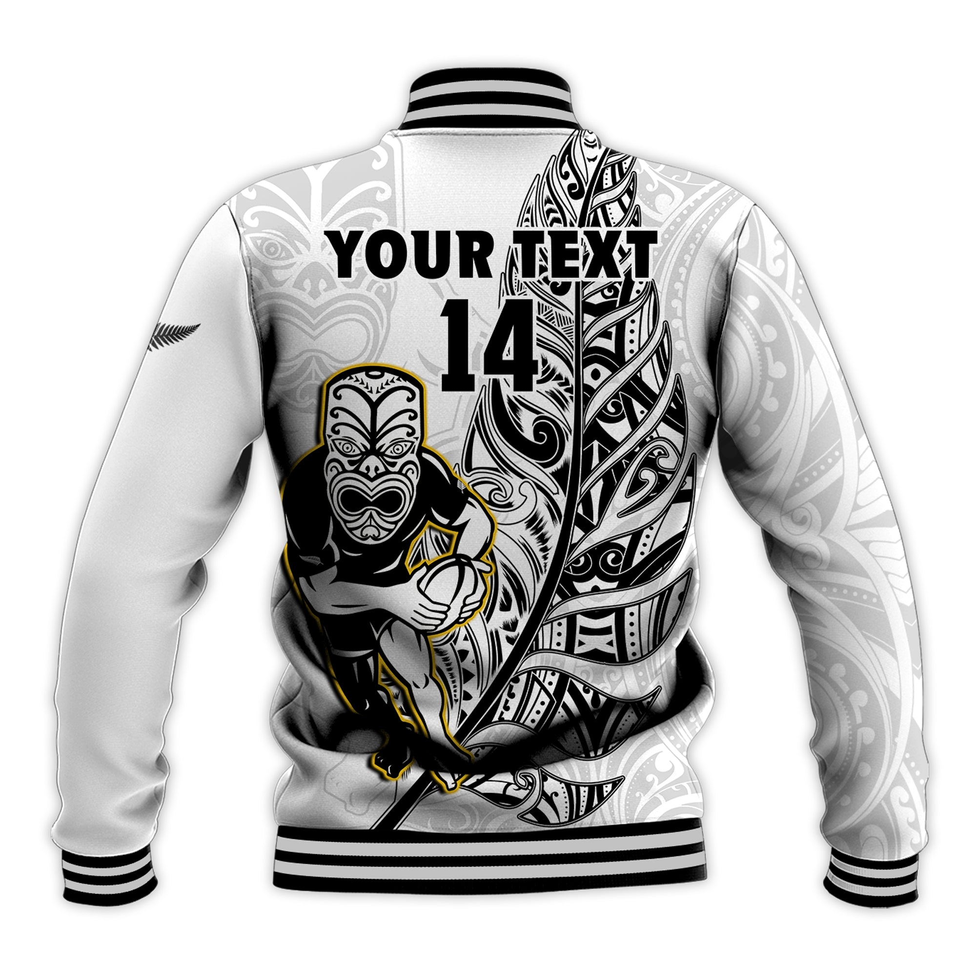 (Custom Text And Number) New Zealand Silver Fern Rugby Baseball Jacket All Black Maori Version White - Vibe Hoodie Shop