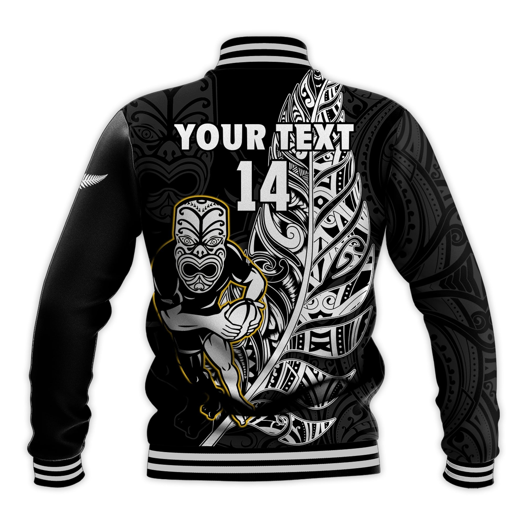 (Custom Text And Number) New Zealand Silver Fern Rugby Baseball Jacket All Black Maori Version Black - Vibe Hoodie Shop