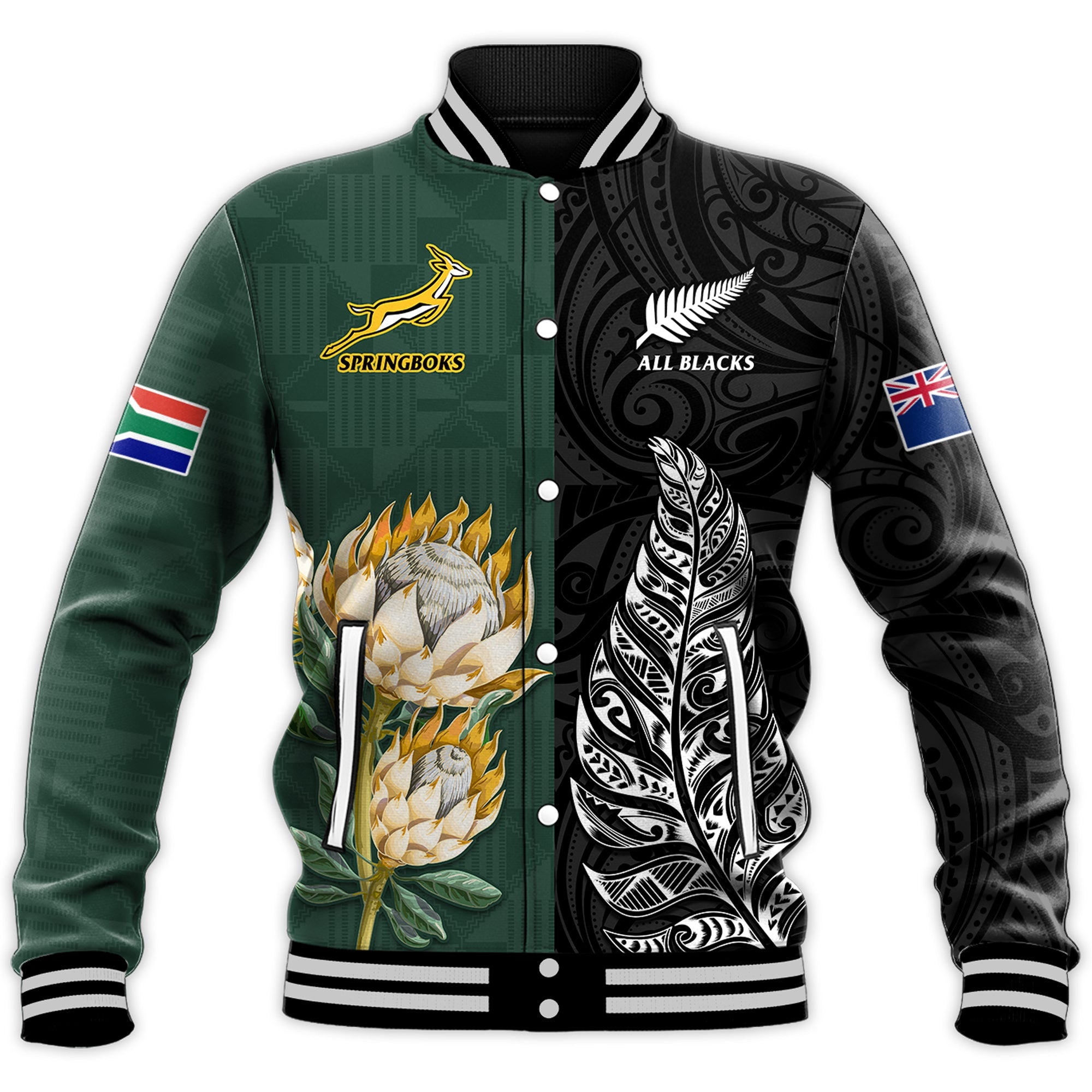South Africa Protea and New Zealand Fern Baseball Jacket Rugby Go Springboks vs All Black - Vibe Hoodie Shop