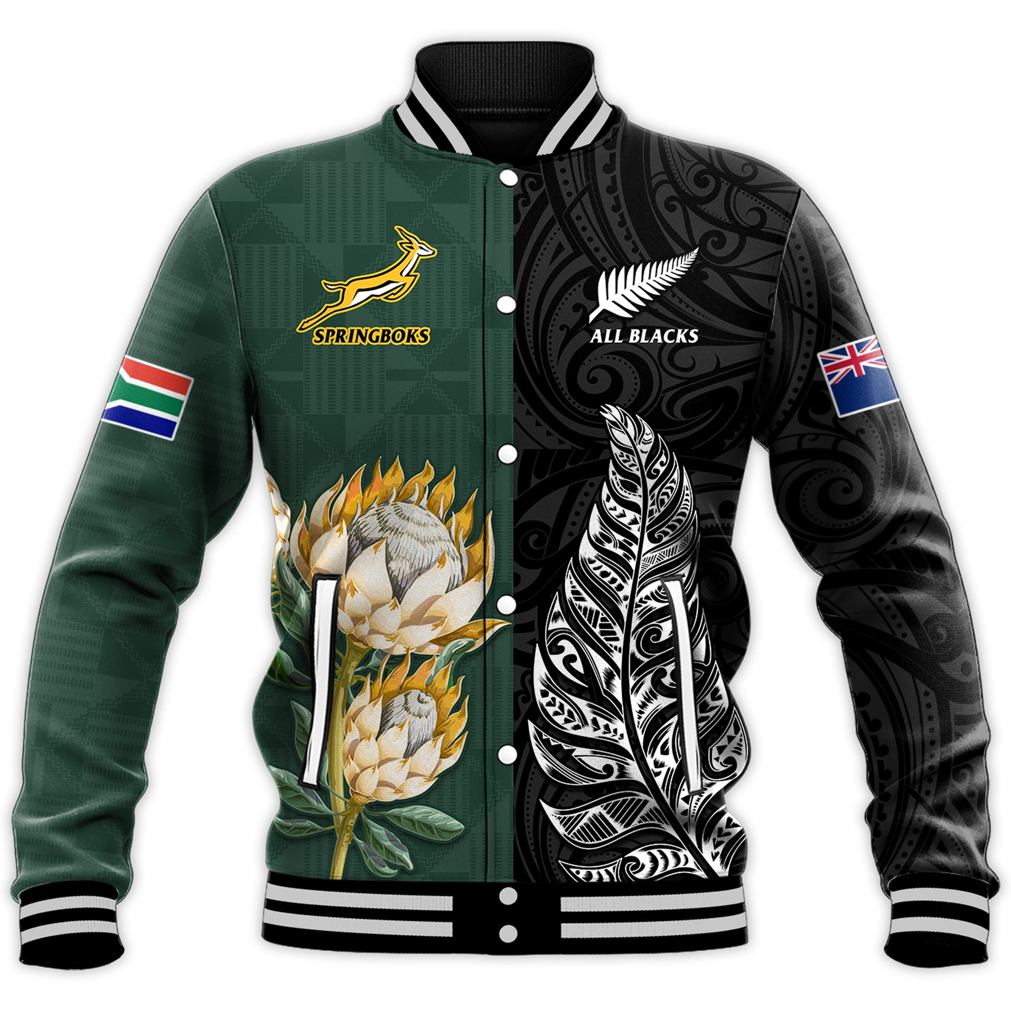 (Custom Text and Number) South Africa Protea and New Zealand Fern Baseball Jacket Rugby Go Springboks vs All Black - Vibe Hoodie Shop