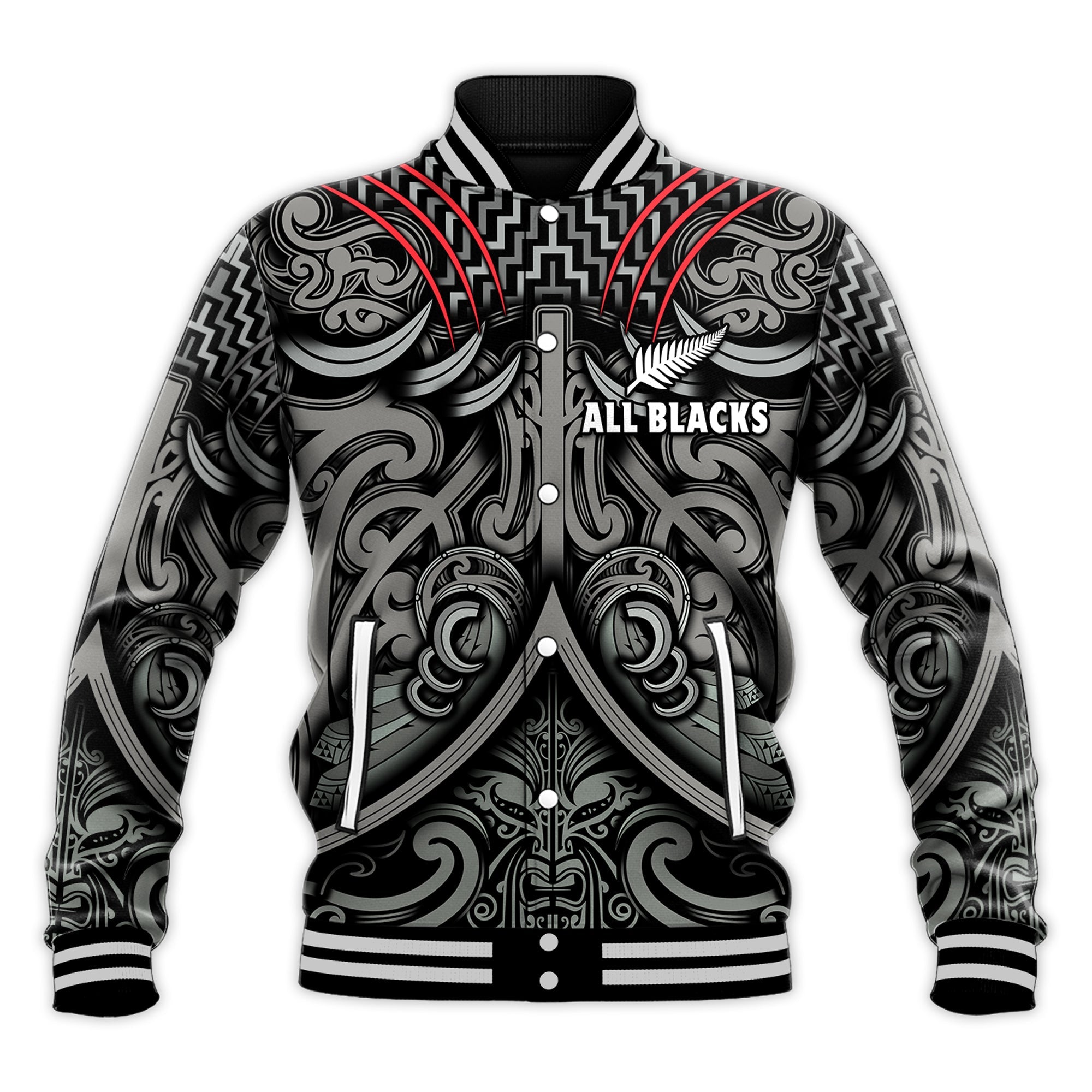 (Custom Text and Number) New Zealand Silver Fern Rugby Baseball Jacket All Black NZ Maori Pattern - Vibe Hoodie Shop