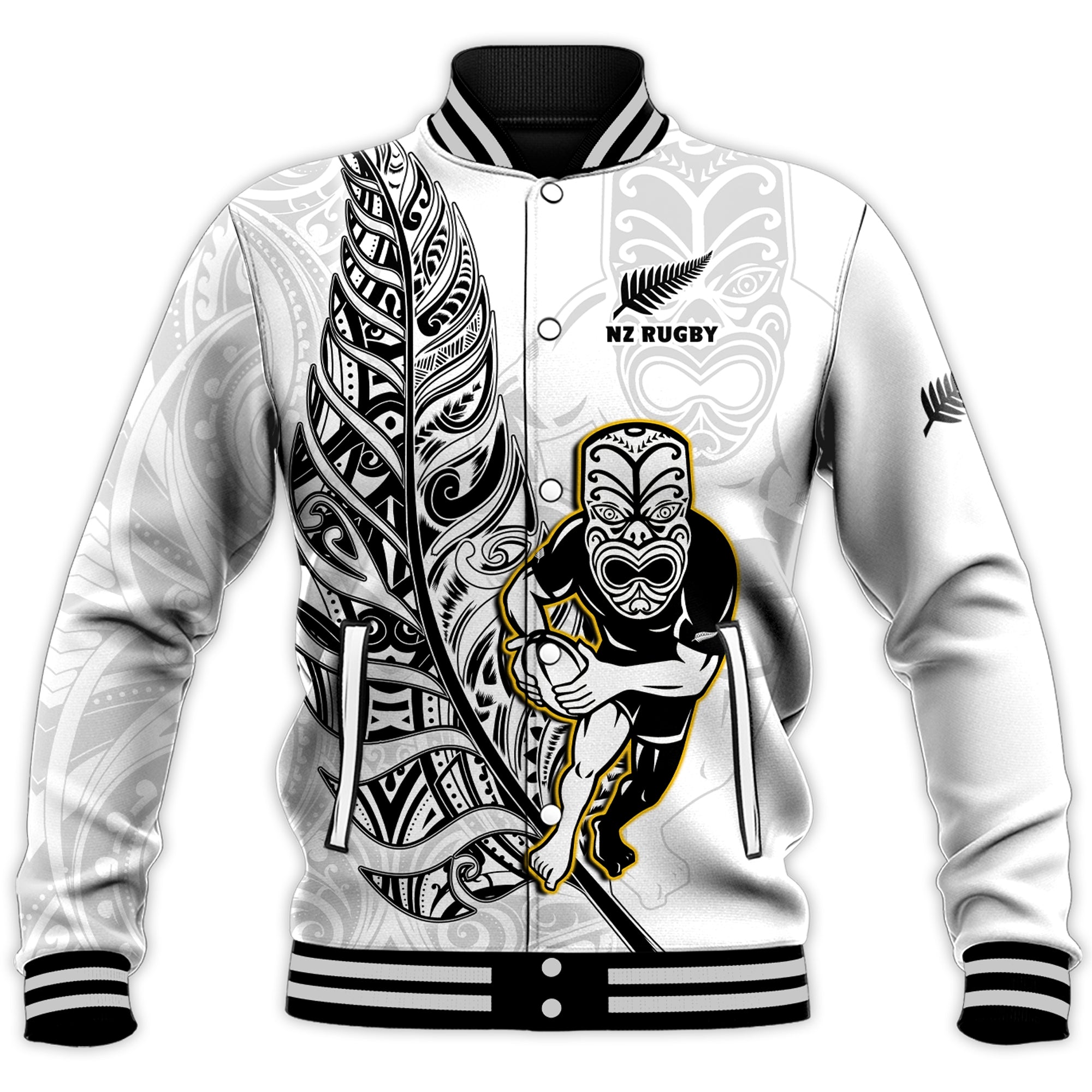 (Custom Text And Number) New Zealand Silver Fern Rugby Baseball Jacket All Black Maori Version White - Vibe Hoodie Shop