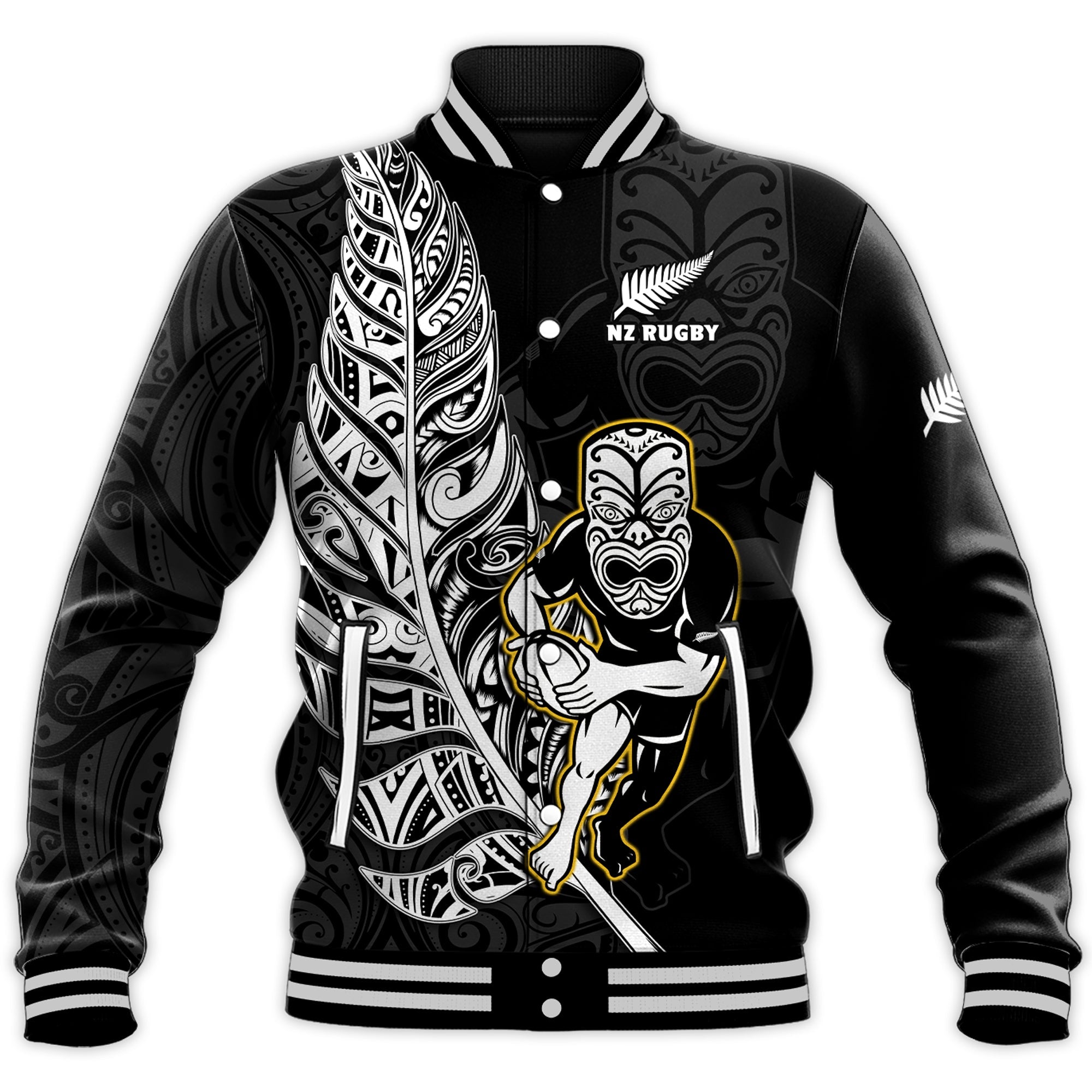 (Custom Text And Number) New Zealand Silver Fern Rugby Baseball Jacket All Black Maori Version Black - Vibe Hoodie Shop