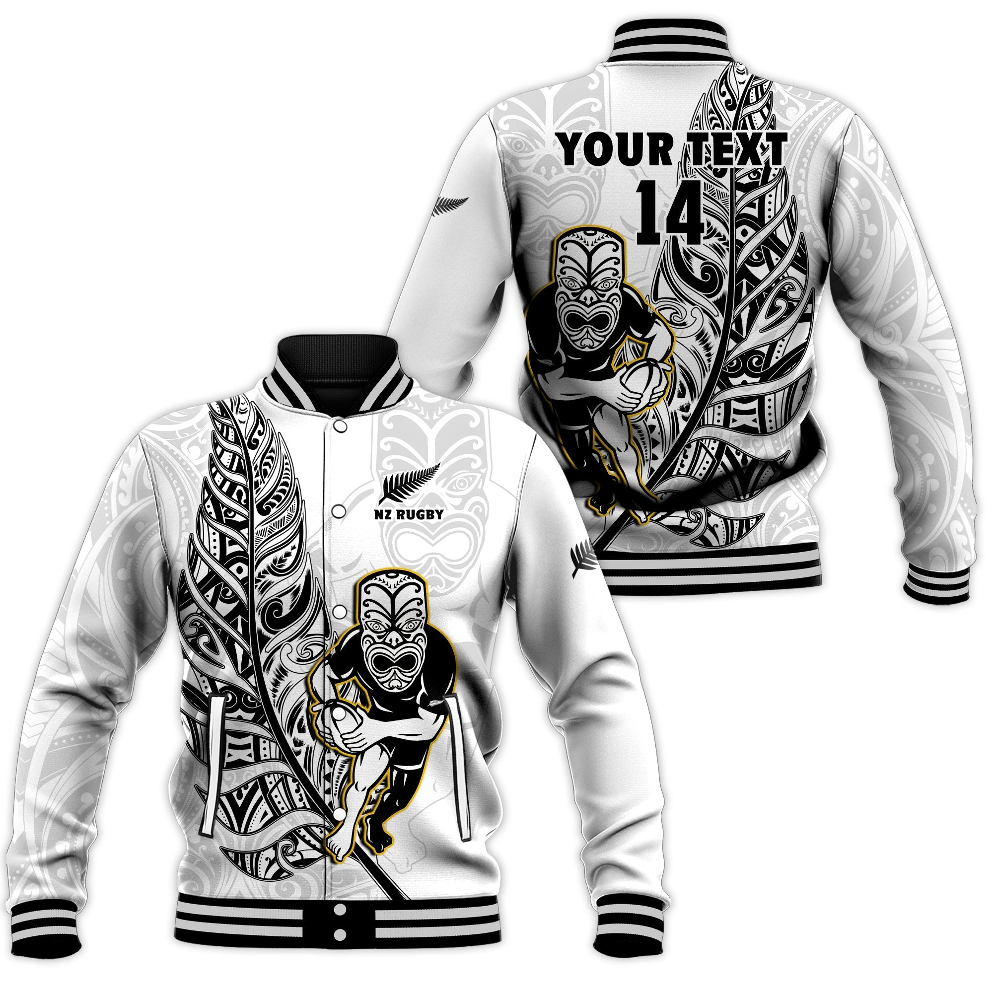 (Custom Text And Number) New Zealand Silver Fern Rugby Baseball Jacket All Black Maori Version White - Vibe Hoodie Shop