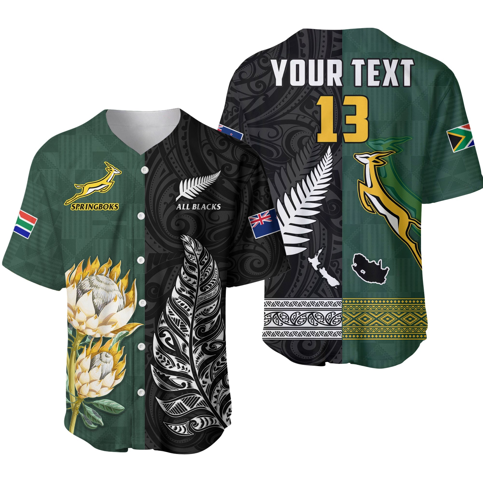 (Custom Text and Number) South Africa Protea and New Zealand Fern Baseball Jersey Rugby Go Springboks vs All Black - Vibe Hoodie Shop