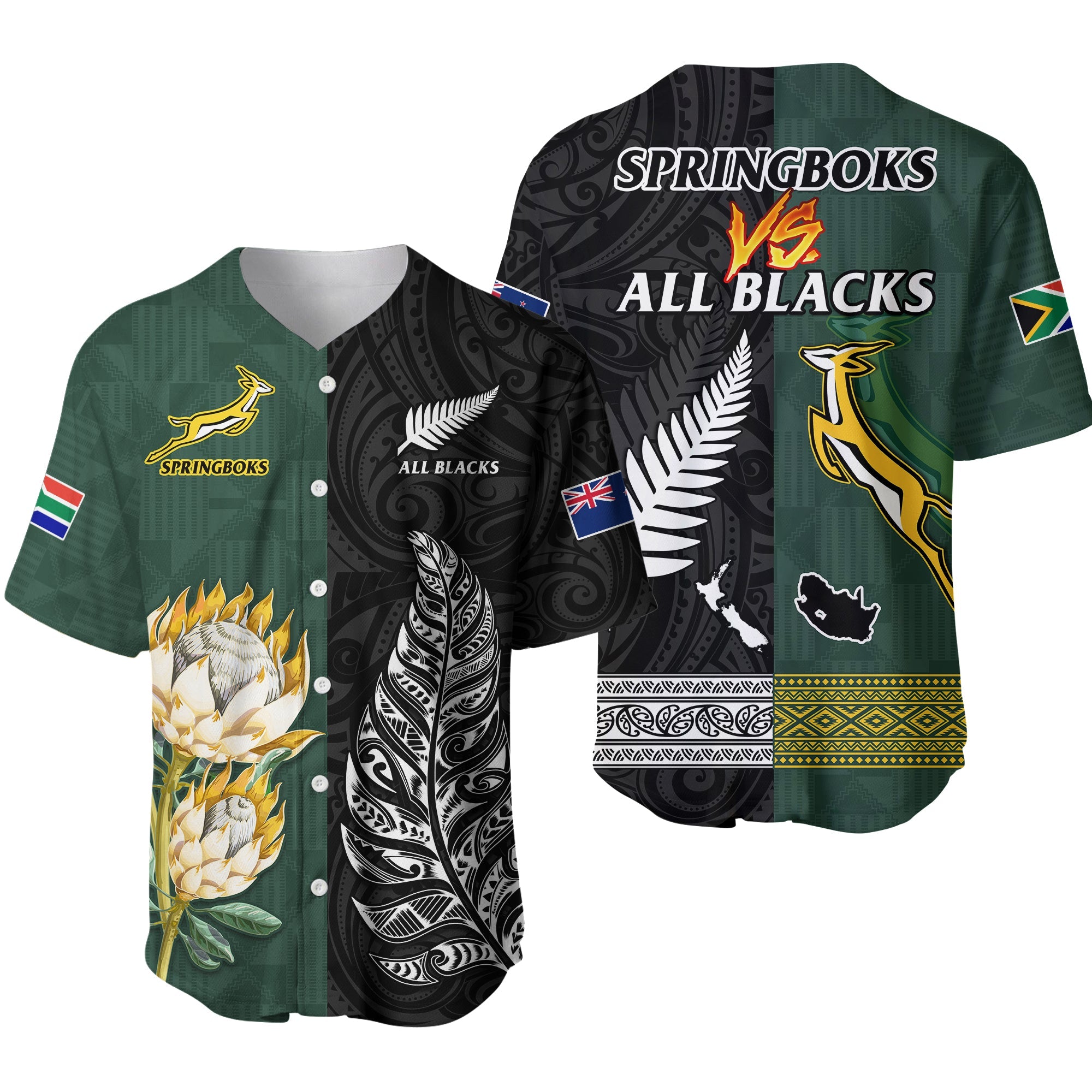 South Africa Protea and New Zealand Fern Baseball Jersey Rugby Go Springboks vs All Black - Vibe Hoodie Shop