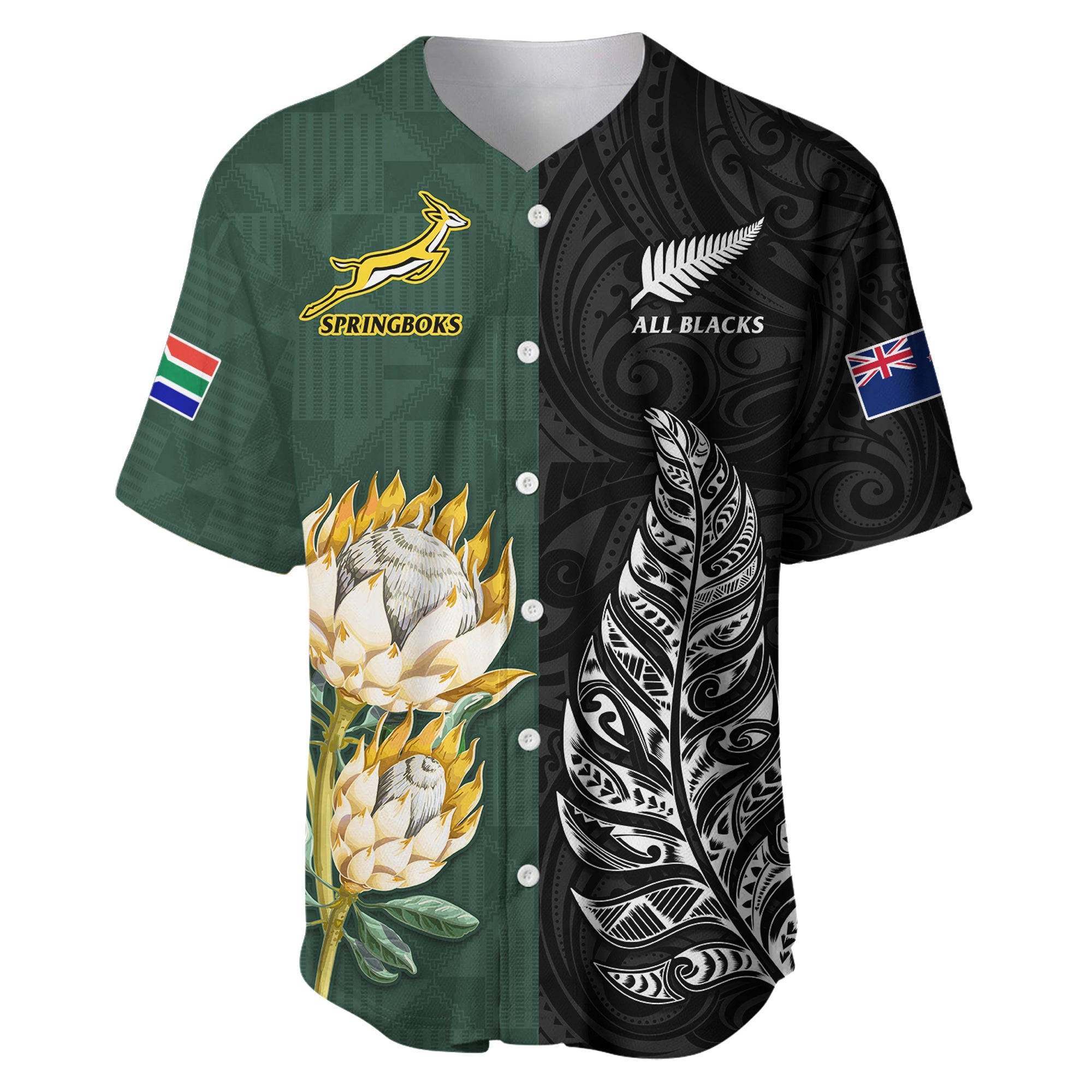 (Custom Text and Number) South Africa Protea and New Zealand Fern Baseball Jersey Rugby Go Springboks vs All Black - Vibe Hoodie Shop