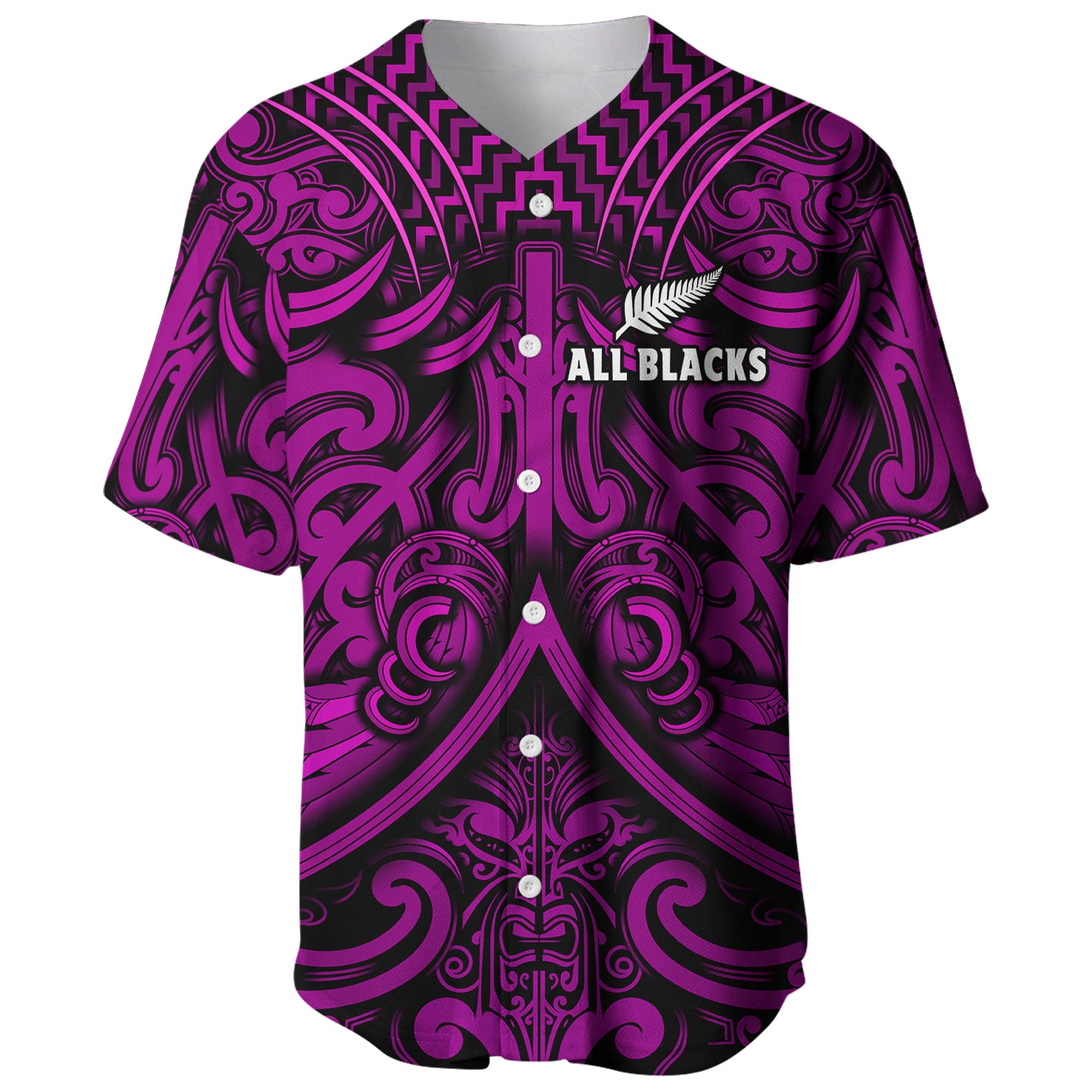 New Zealand Silver Fern Rugby Baseball Jersey All Black Purple NZ Maori Pattern - Vibe Hoodie Shop
