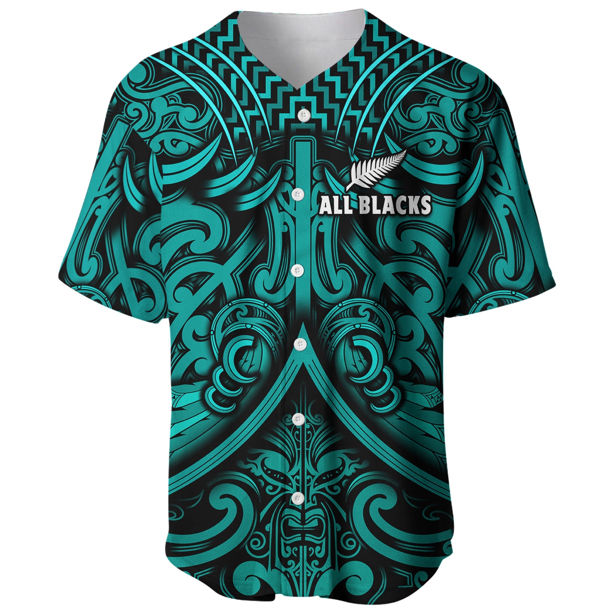 New Zealand Silver Fern Rugby Baseball Jersey All Black Turquoise NZ Maori Pattern - Vibe Hoodie Shop