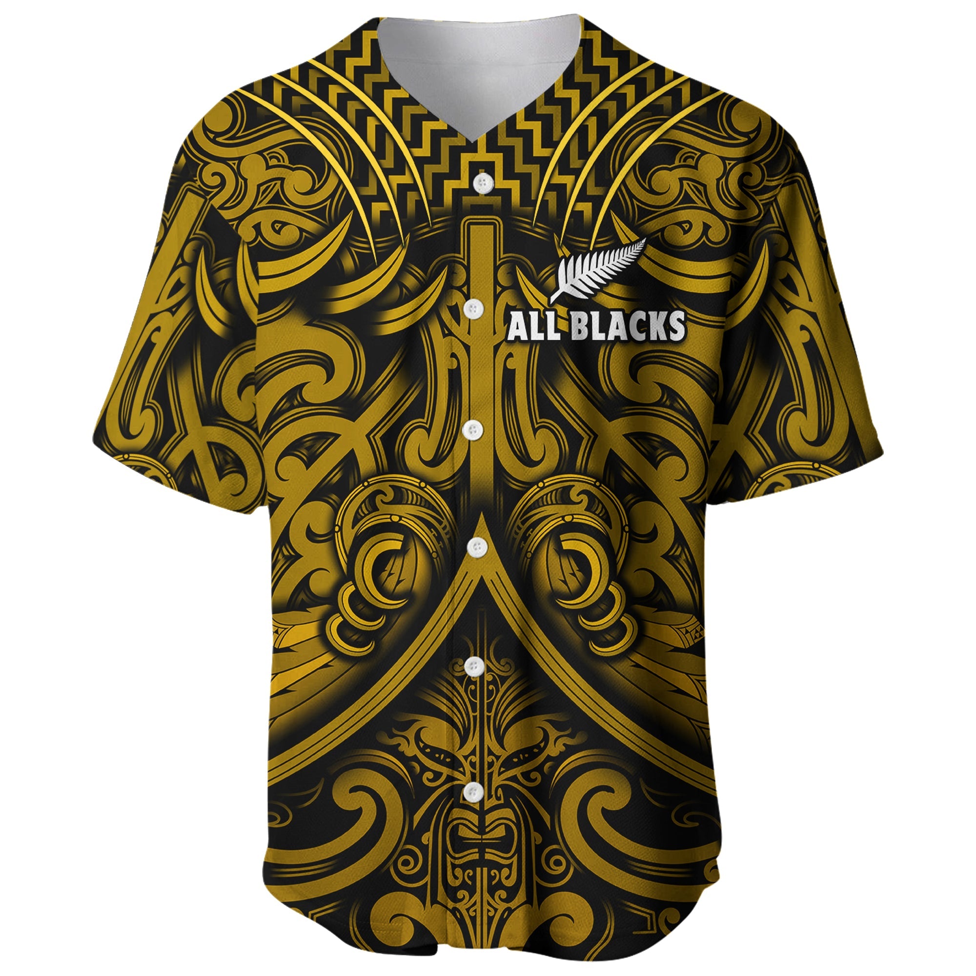 (Custom Text and Number) New Zealand Silver Fern Rugby Baseball Jersey All Black Gold NZ Maori Pattern - Vibe Hoodie Shop