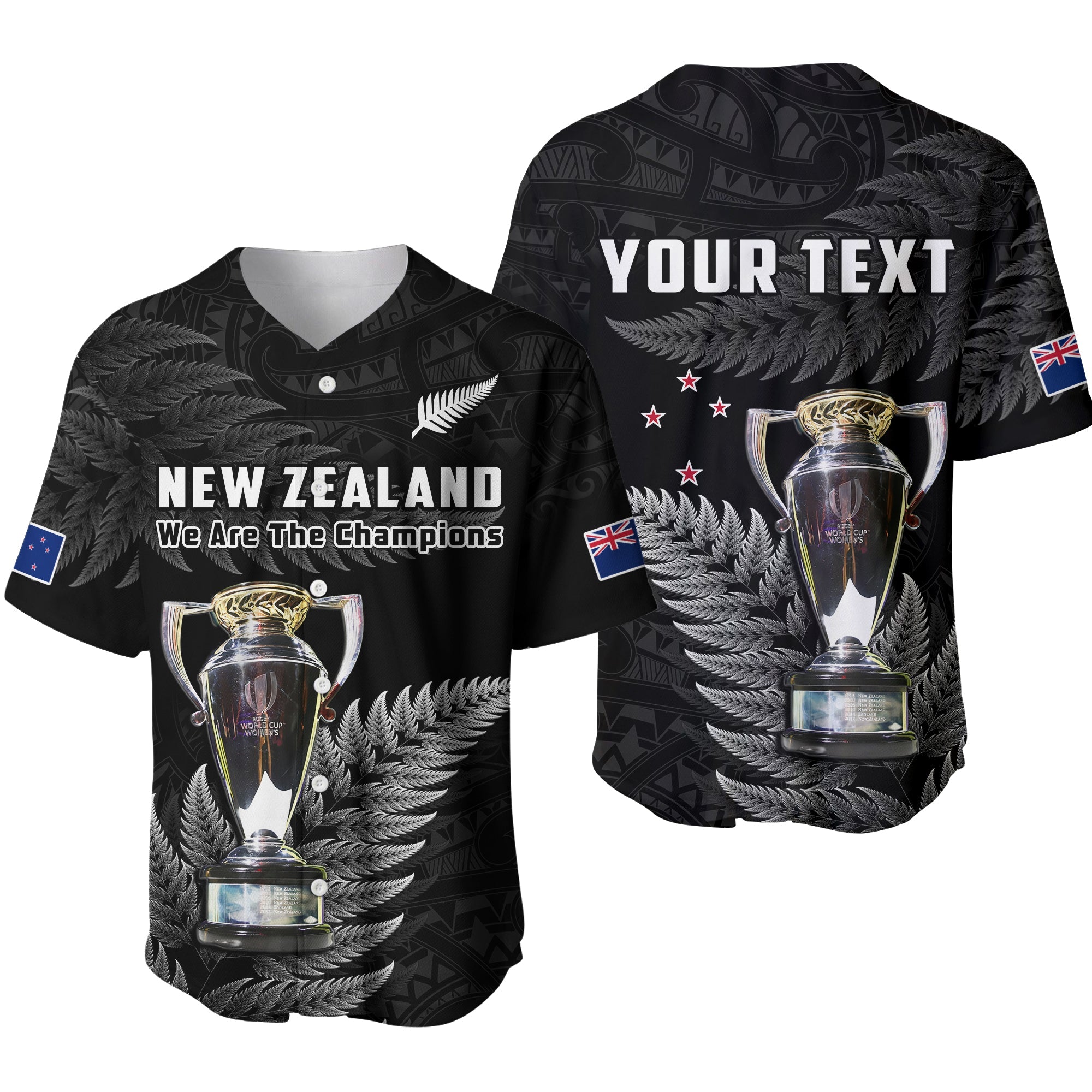 (Custom Personalised) New Zealand 2022 Rugby Baseball Jersey Black Fern Proud Champions RWC - Vibe Hoodie Shop