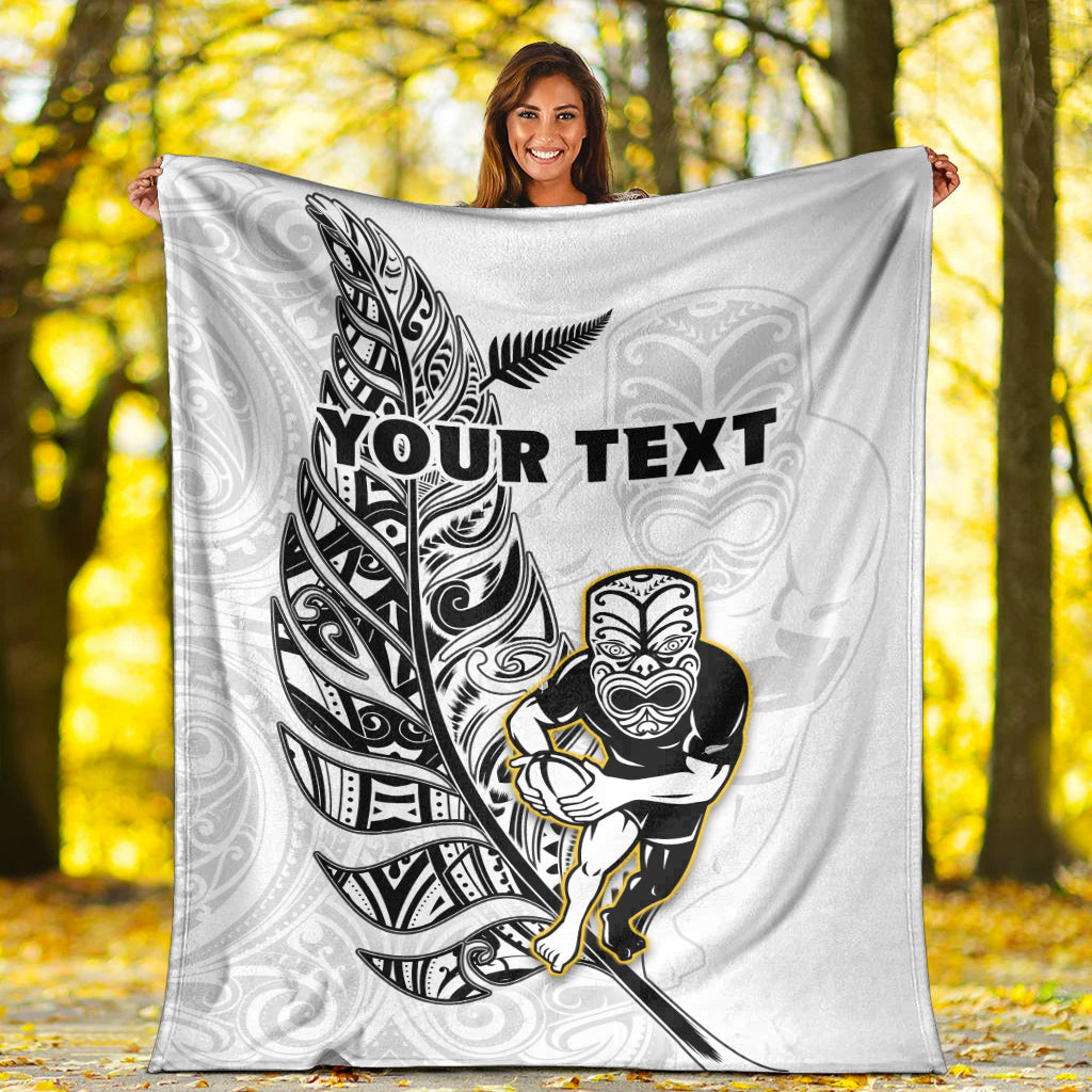 (Custom Personalised) New Zealand Silver Fern Rugby Premium Blanket All Black Maori Version White - Vibe Hoodie Shop