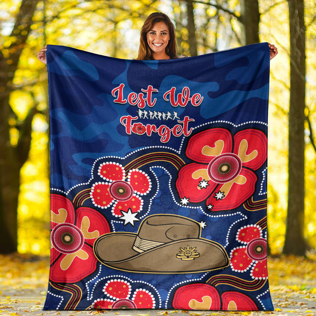 Australia ANZAC Premium Blanket Lest We Forget Camouflage Mix Aboriginal Poppies And Slouch Hat - Vibe Hoodie Shop