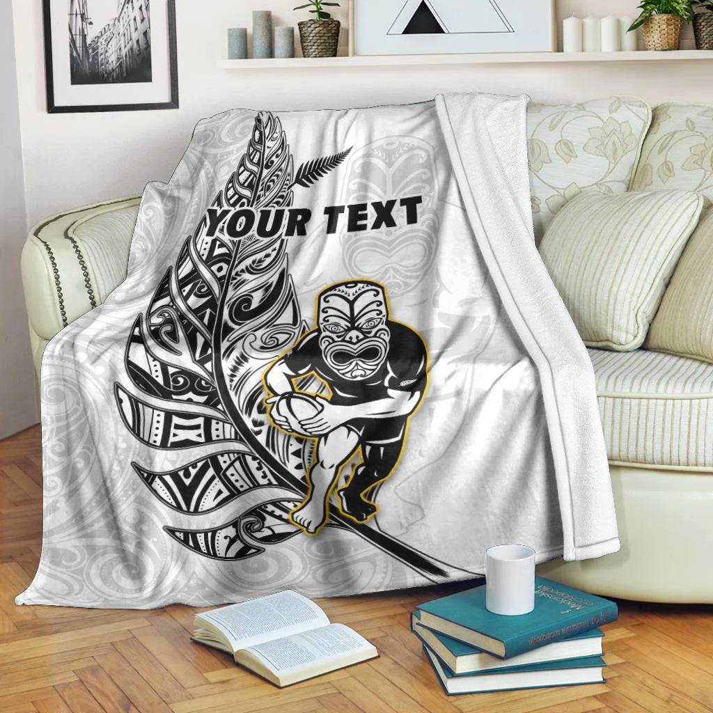 (Custom Personalised) New Zealand Silver Fern Rugby Premium Blanket All Black Maori Version White - Vibe Hoodie Shop