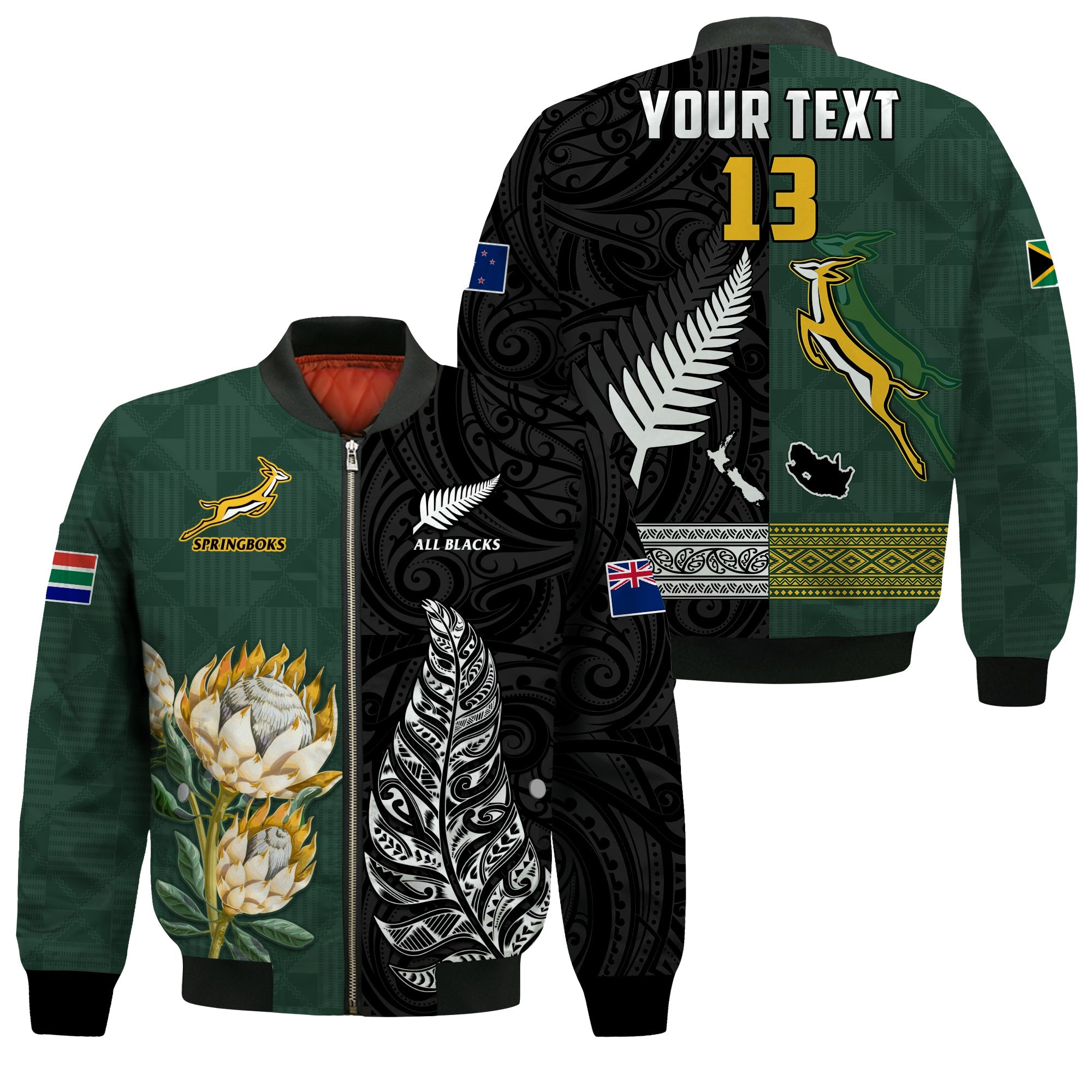 (Custom Text and Number) South Africa Protea and New Zealand Fern Bomber Jacket Rugby Go Springboks vs All Black - Vibe Hoodie Shop