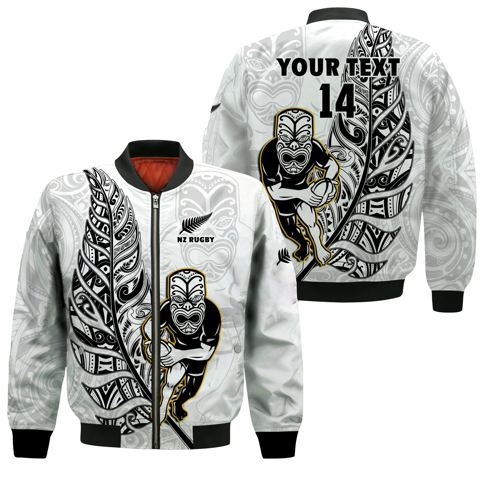 (Custom Text And Number) New Zealand Silver Fern Rugby Bomber Jacket All Black Maori Version White - Vibe Hoodie Shop