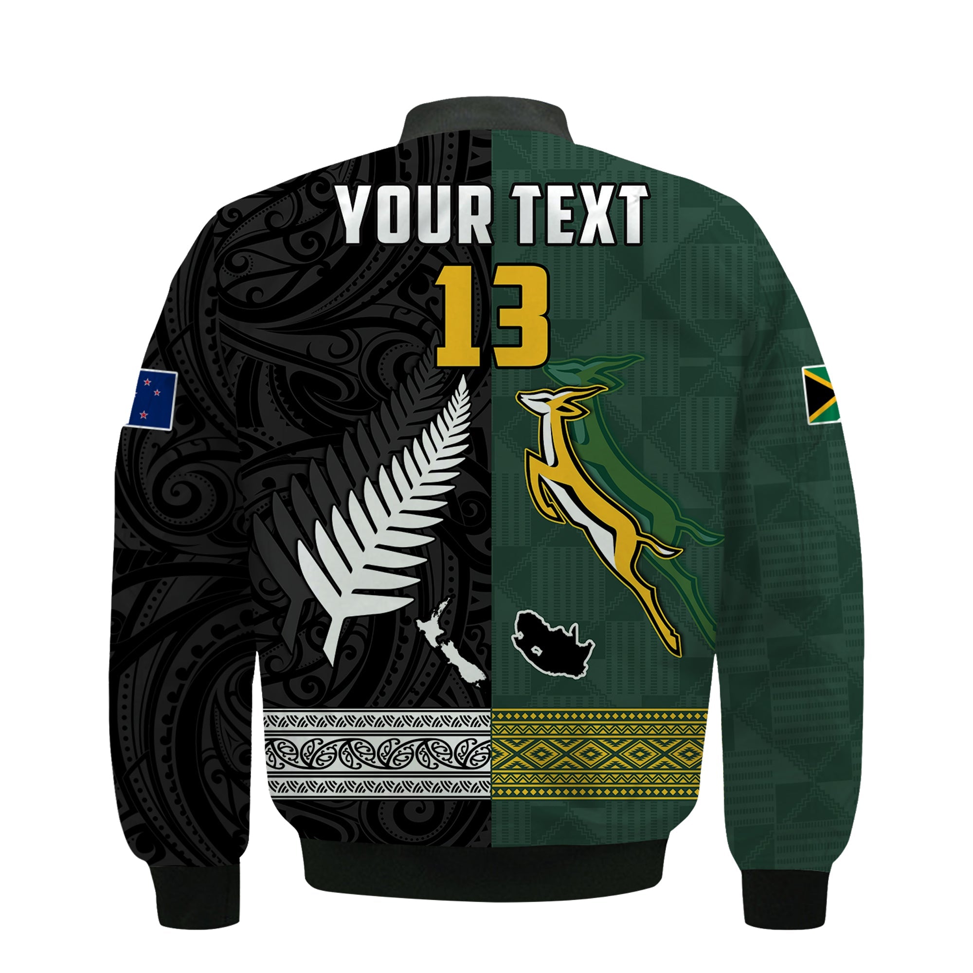 (Custom Text and Number) South Africa Protea and New Zealand Fern Bomber Jacket Rugby Go Springboks vs All Black - Vibe Hoodie Shop