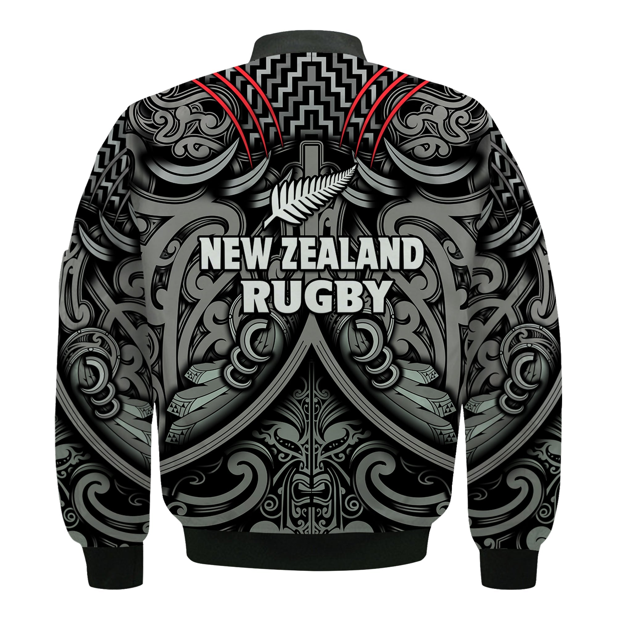New Zealand Silver Fern Rugby Bomber Jacket All Black NZ Maori Pattern - Vibe Hoodie Shop