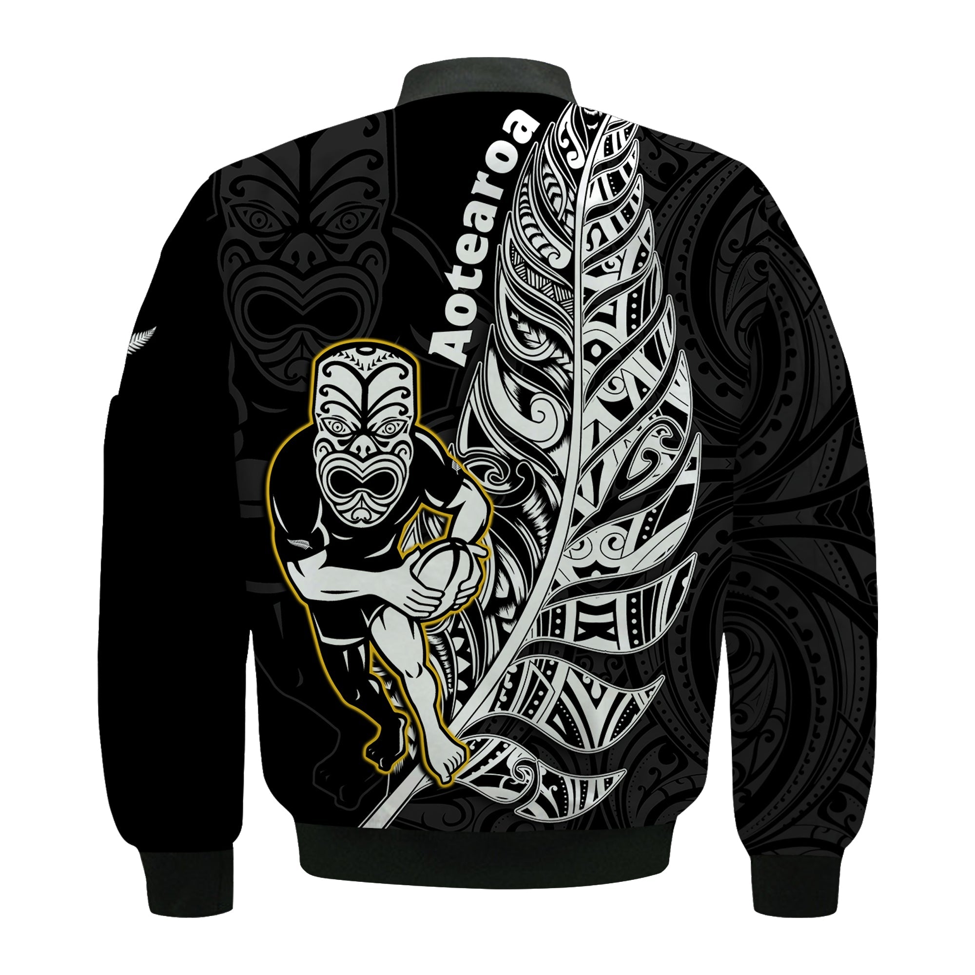 New Zealand Silver Fern Rugby Bomber Jacket All Black Maori Version Black - Vibe Hoodie Shop