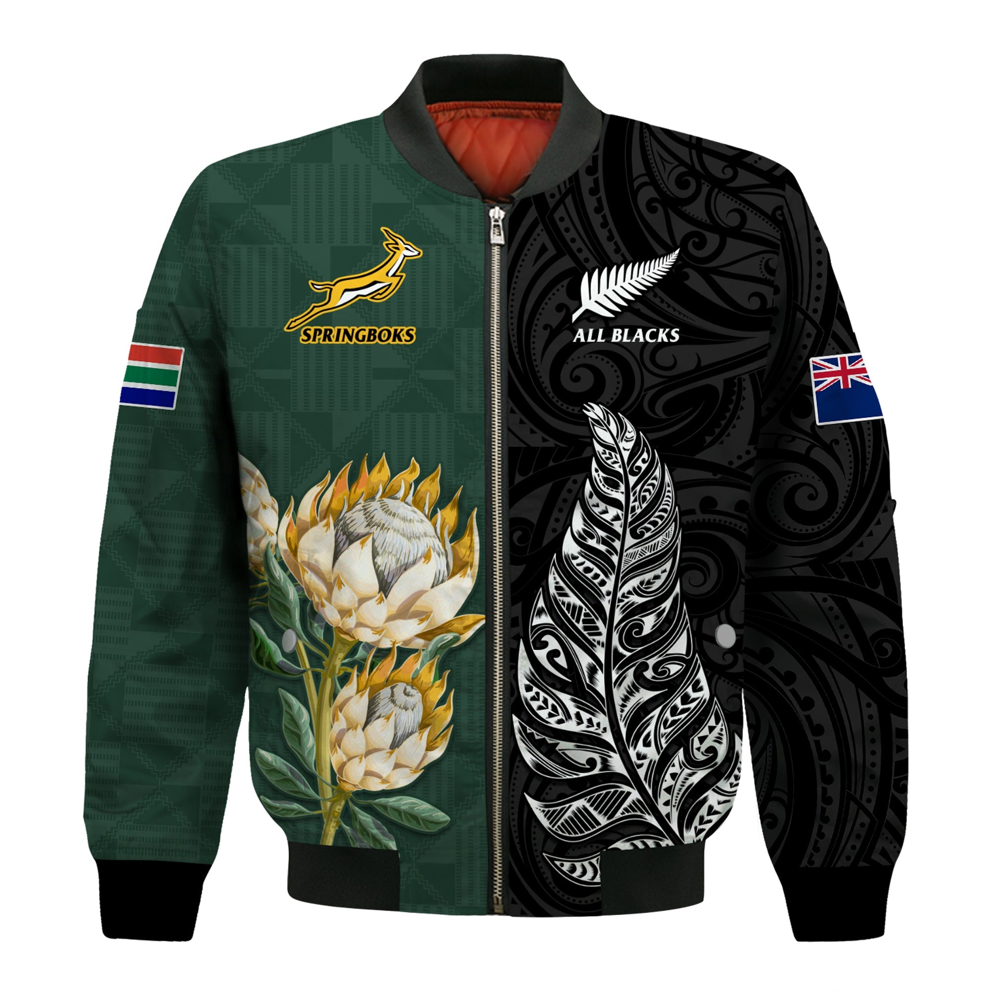 (Custom Text and Number) South Africa Protea and New Zealand Fern Bomber Jacket Rugby Go Springboks vs All Black - Vibe Hoodie Shop