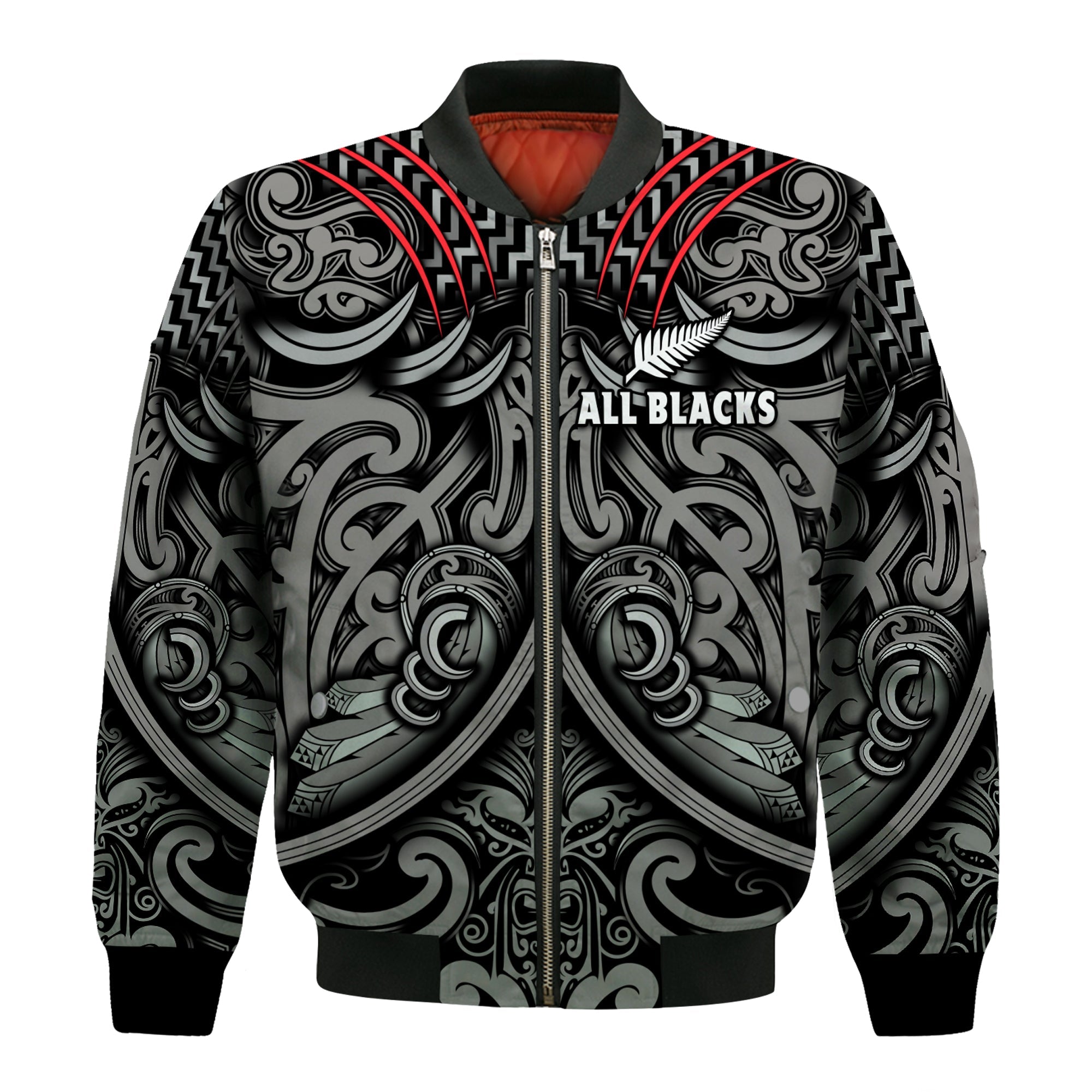New Zealand Silver Fern Rugby Bomber Jacket All Black NZ Maori Pattern - Vibe Hoodie Shop
