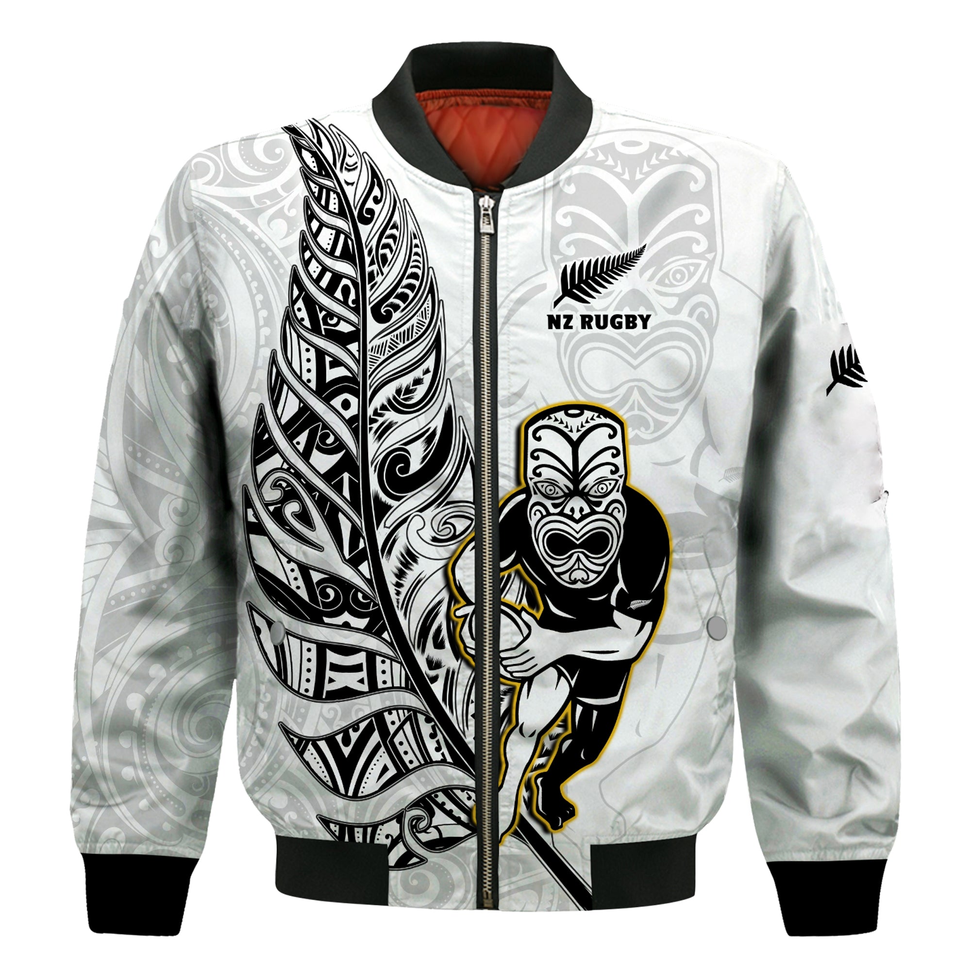 (Custom Text And Number) New Zealand Silver Fern Rugby Bomber Jacket All Black Maori Version White - Vibe Hoodie Shop