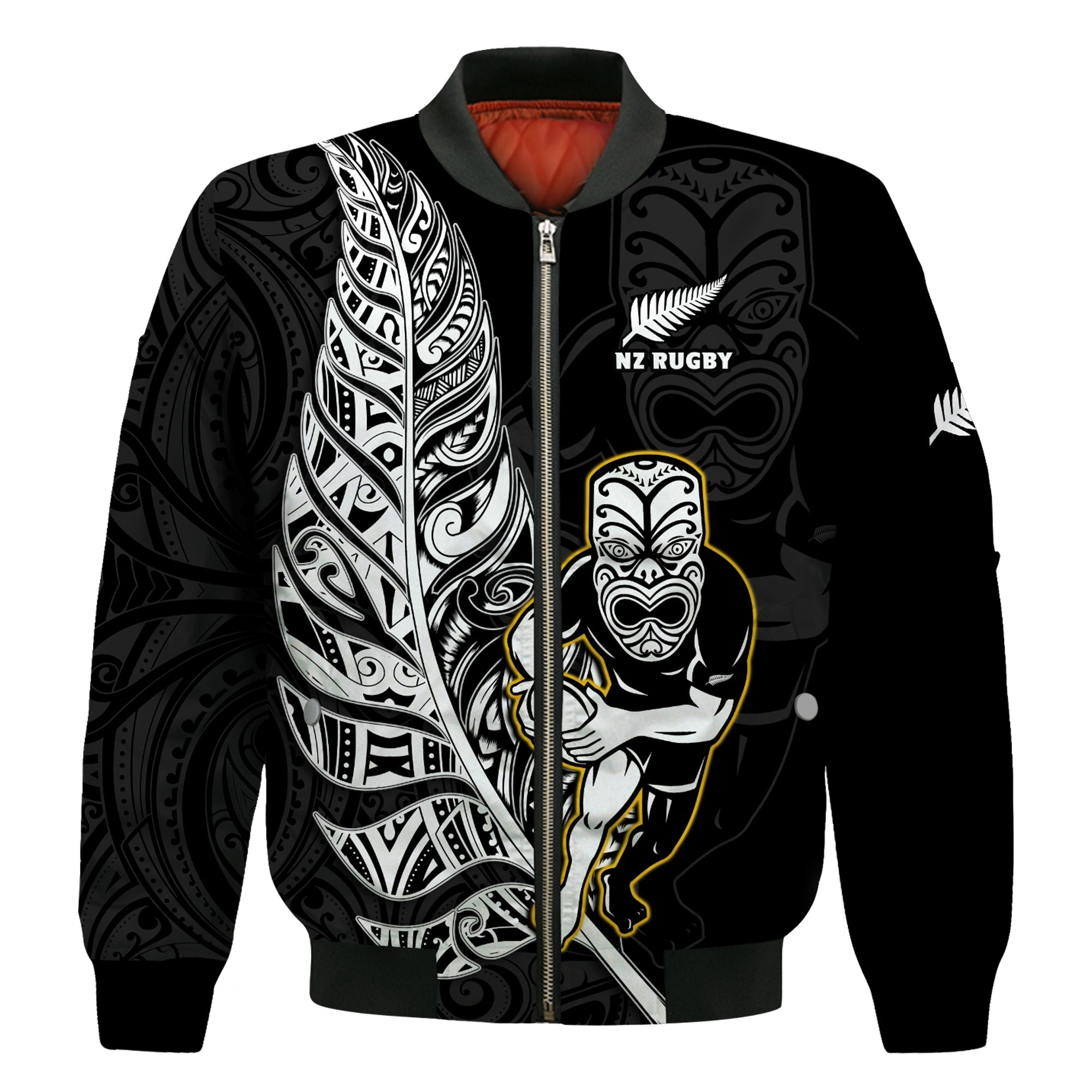 (Custom Text And Number) New Zealand Silver Fern Rugby Bomber Jacket All Black Maori Version Black - Vibe Hoodie Shop