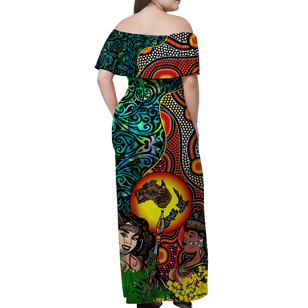 Australia Aboriginal Kangaroo Combine New Zealand Maori Kiwi Bird Off Shoulder Long Dress - - Vibe Hoodie Shop