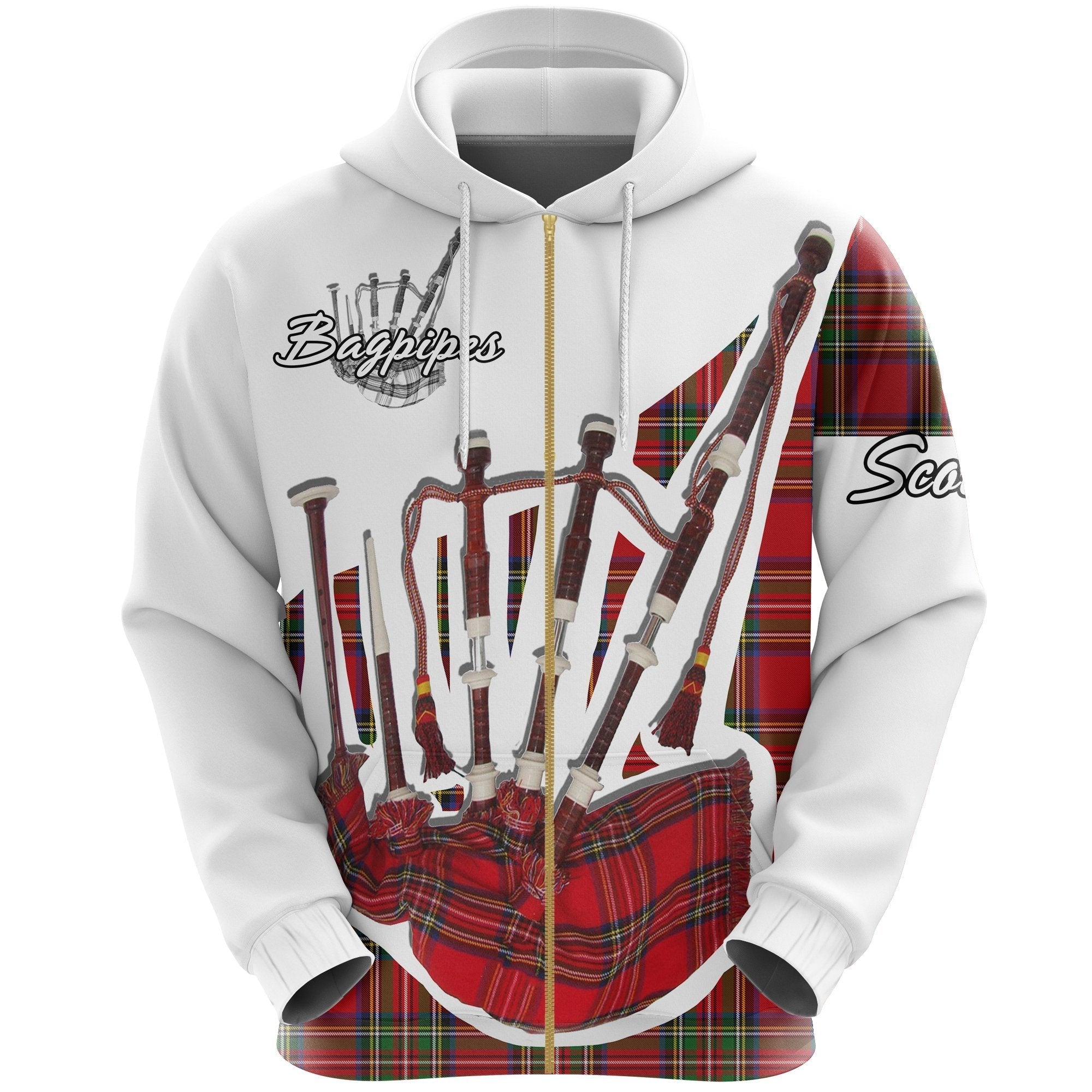 Scotland Zip Hoodie, Scottish Bagpipes Royal Stewart Full Zip Hoodie - Vibe Hoodie Shop