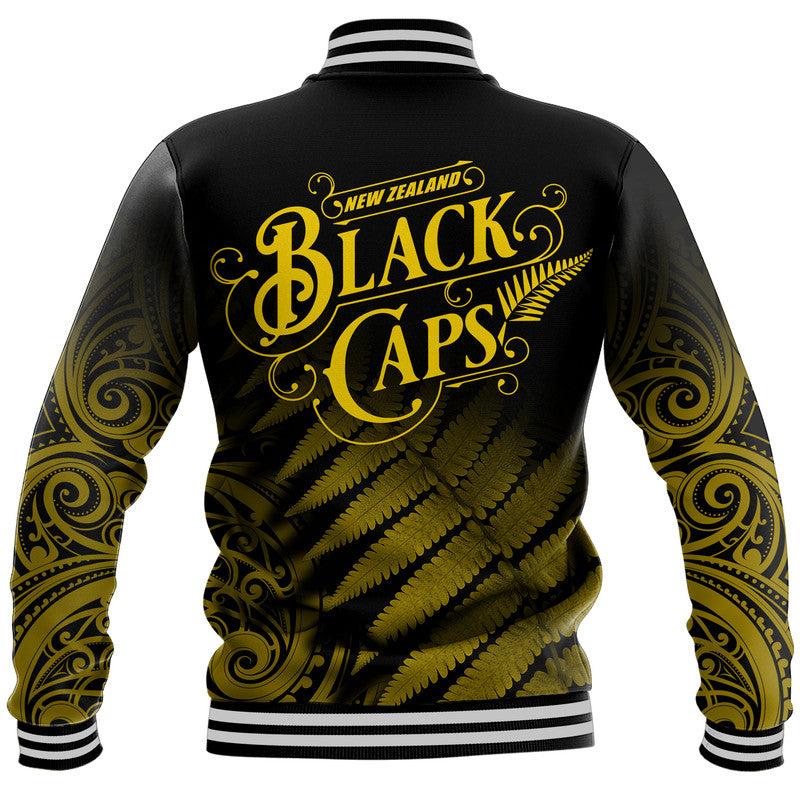 New Zealand Kiwis Cricket Team Baseball Jacket Black Caps Silver Fern Mixed Maori Pattern Version Gold - Vibe Hoodie Shop