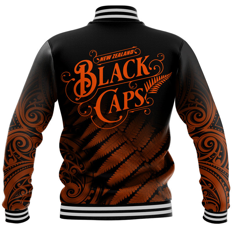 New Zealand Kiwis Cricket Team Baseball Jacket Black Caps Silver Fern Mixed Maori Pattern Version Orange - Vibe Hoodie Shop