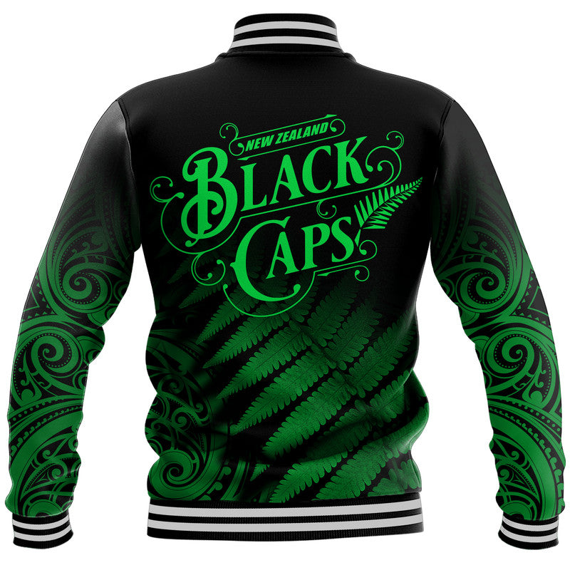 New Zealand Kiwis Cricket Team Baseball Jacket Black Caps Silver Fern Mixed Maori Pattern Version Green - Vibe Hoodie Shop